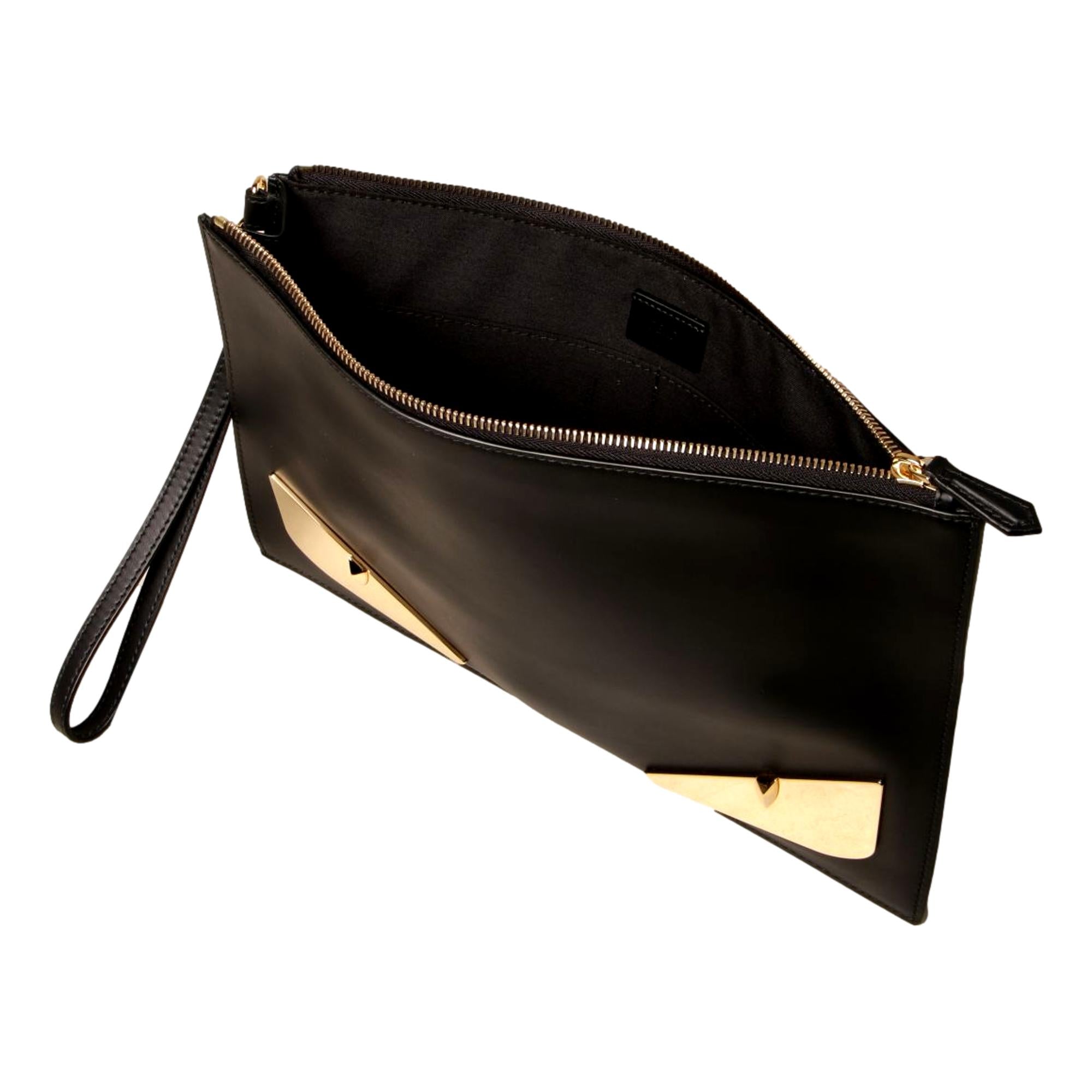 Fendi Bugs Black Calf Leather Gold Metal Wristlet Clutch