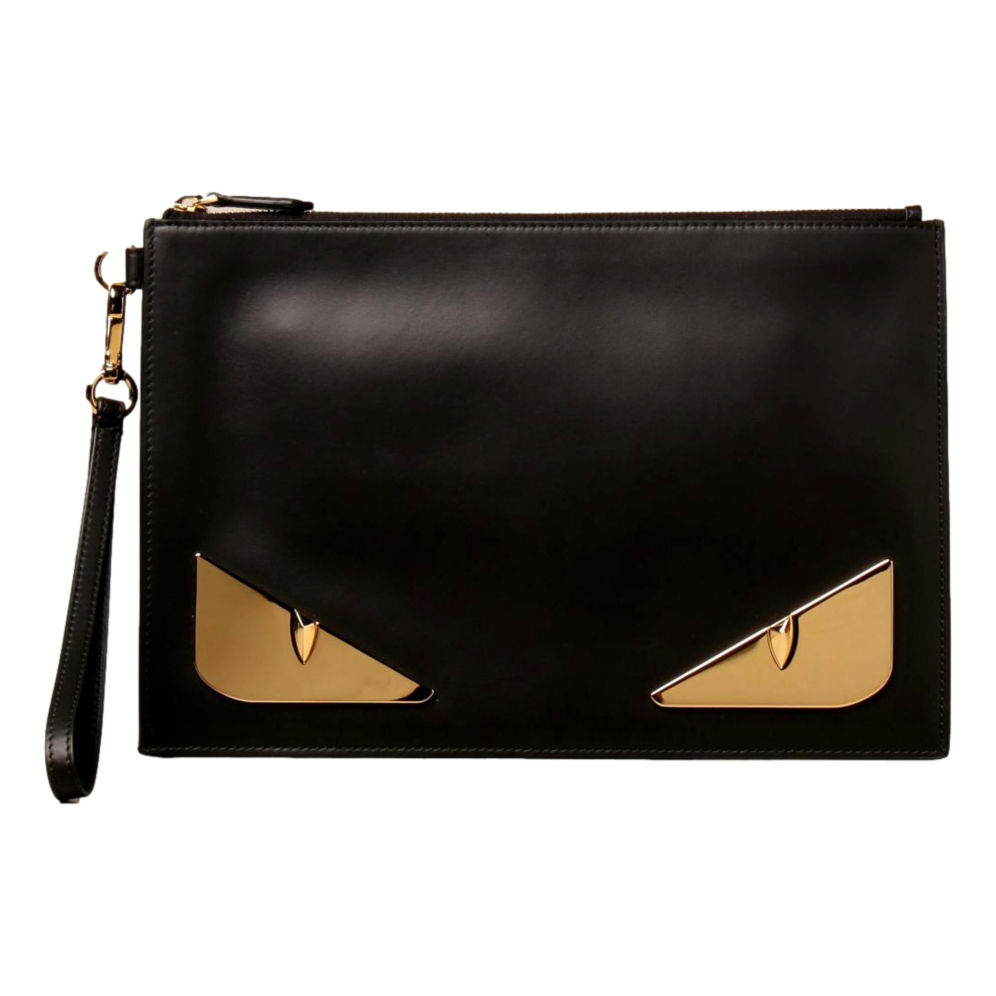 Fendi Bugs Black Calf Leather Gold Metal Wristlet Clutch