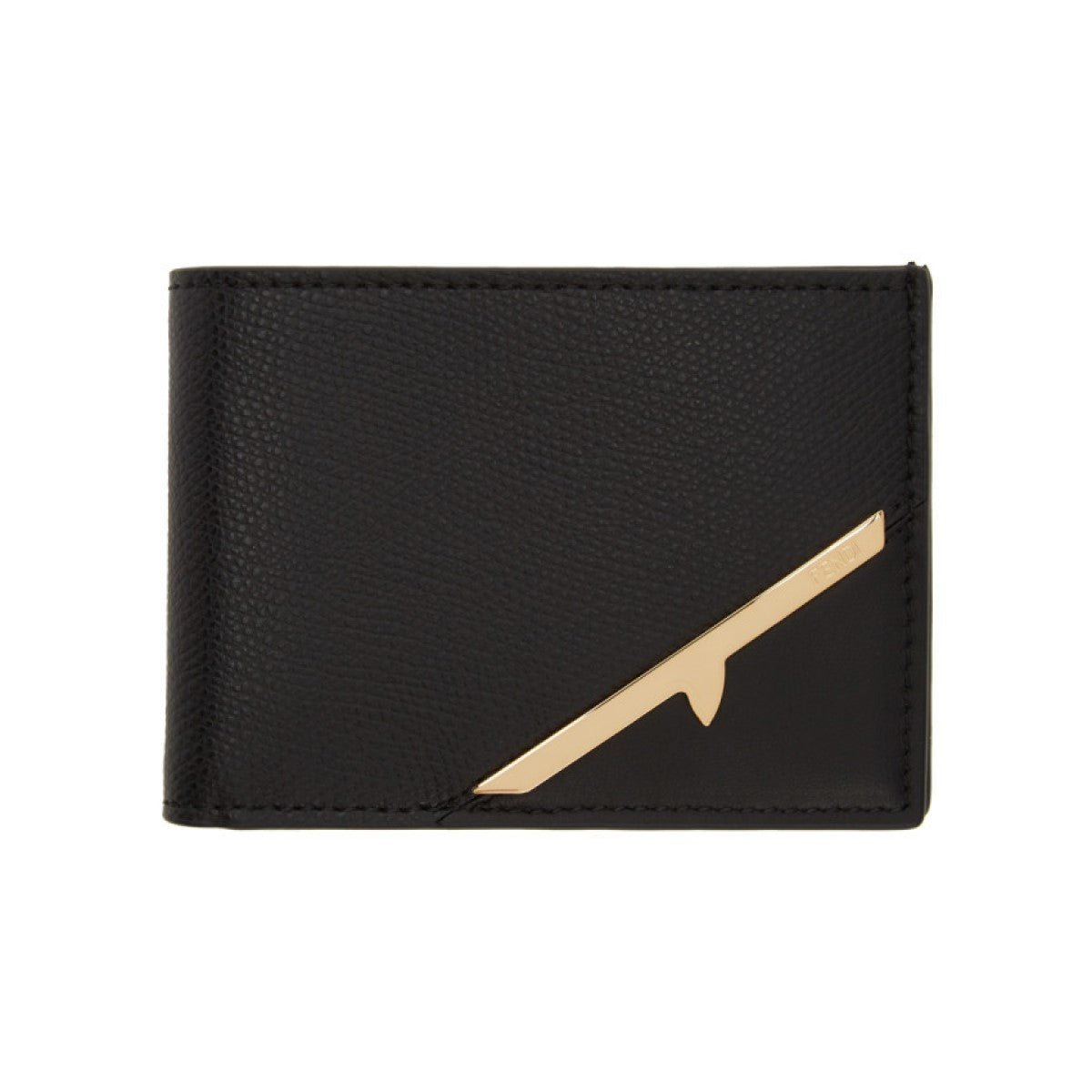 Fendi Bugs Gold Corner Black Pebbled Leather Bifold ID Wallet