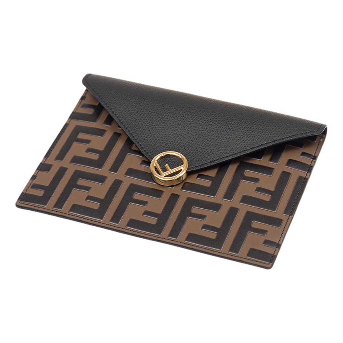 Fendi F is Fendi Black Brown Embossed Leather Flat Pouch