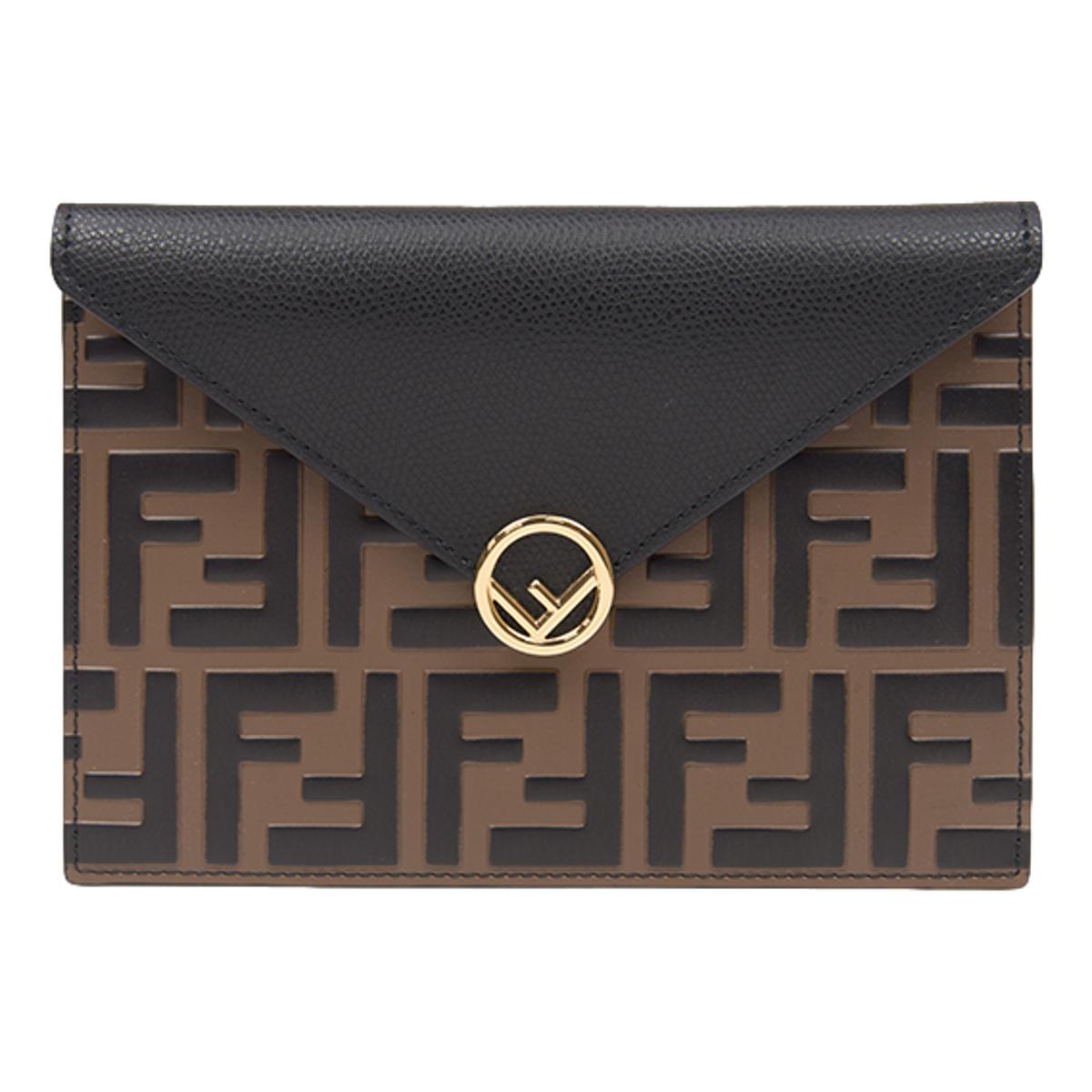 Fendi F is Fendi Black Brown Embossed Leather Flat Pouch