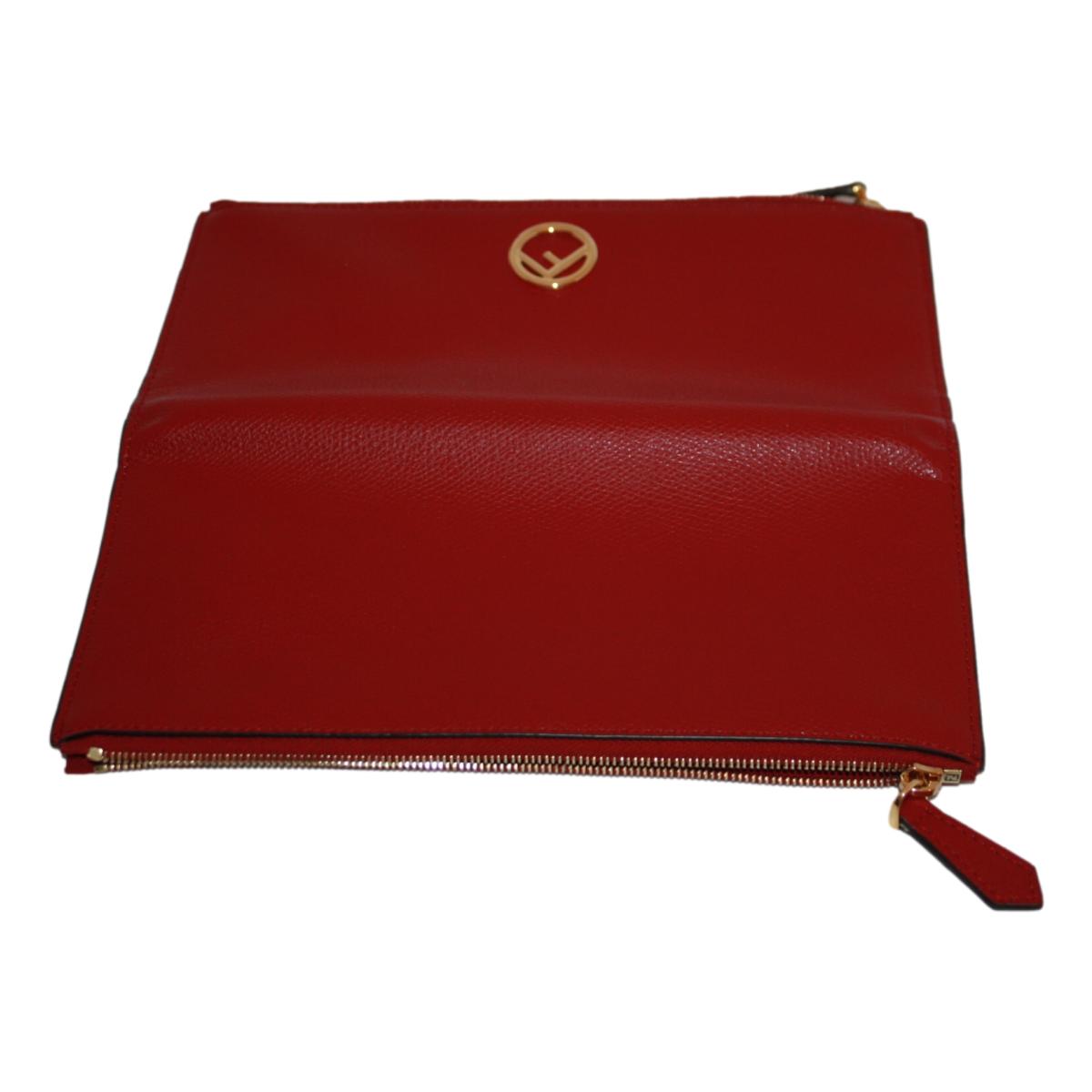 Fendi F is Fendi Red Calf Leather Double Zip Long Wallet