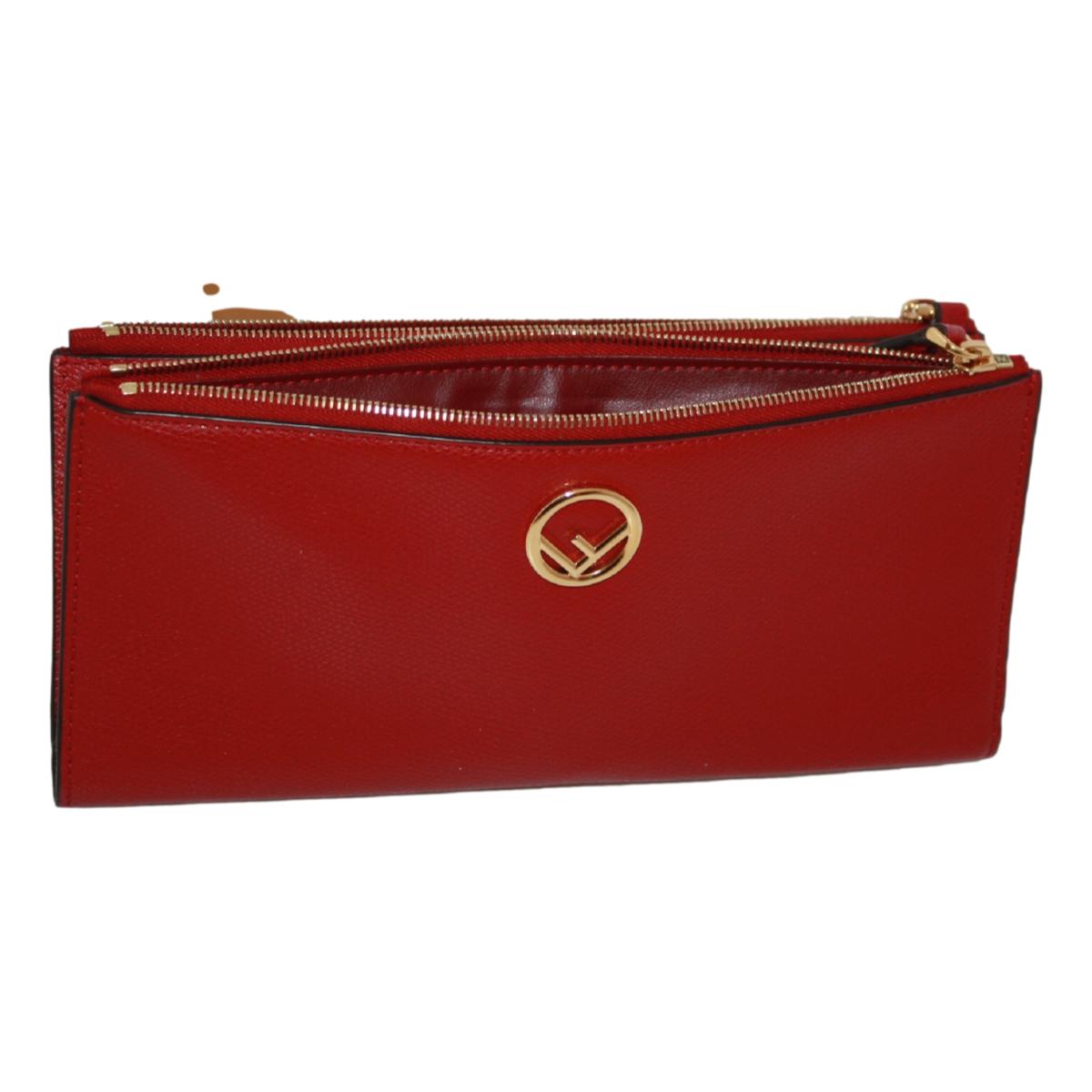 Fendi F is Fendi Red Calf Leather Double Zip Long Wallet