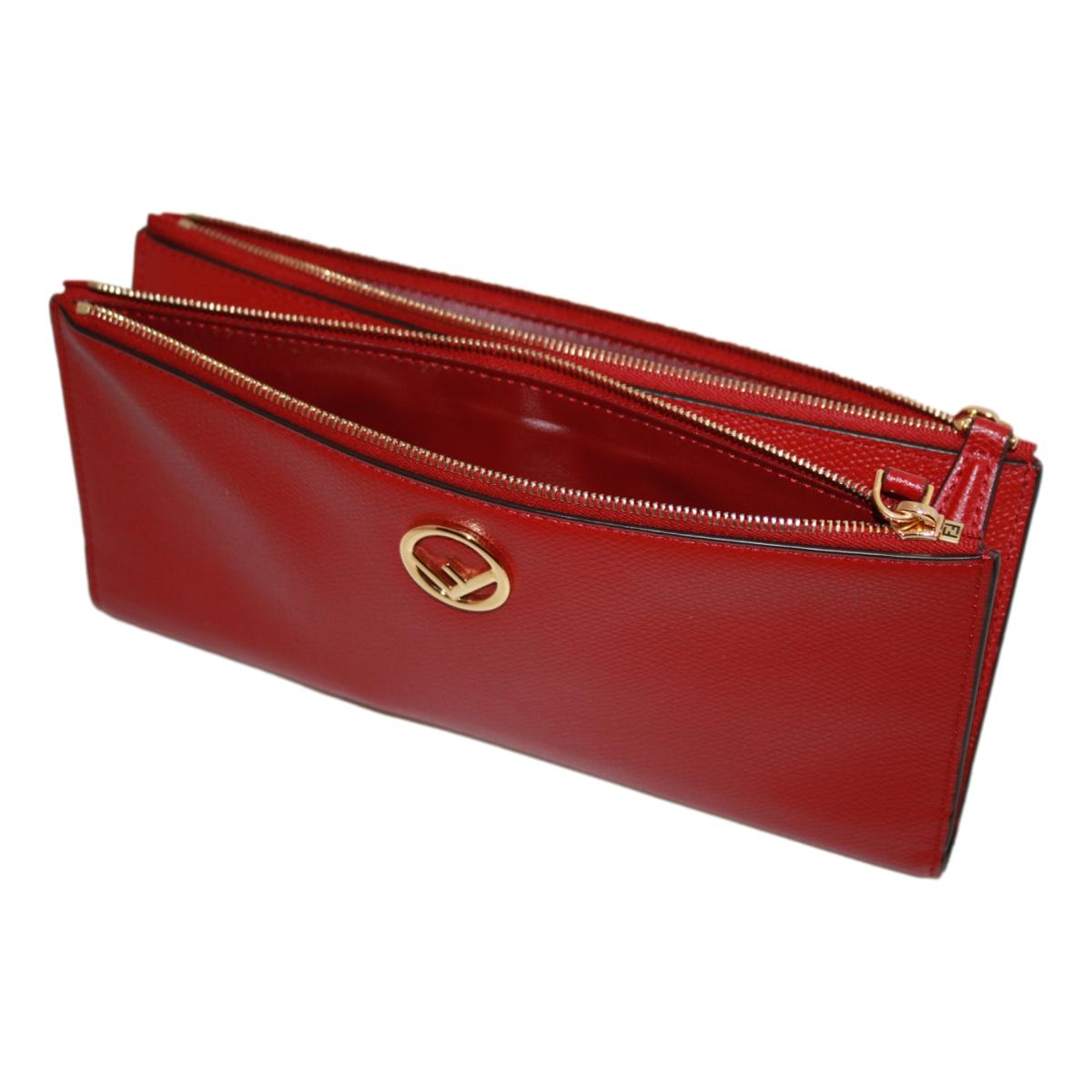 Fendi F is Fendi Red Calf Leather Double Zip Long Wallet