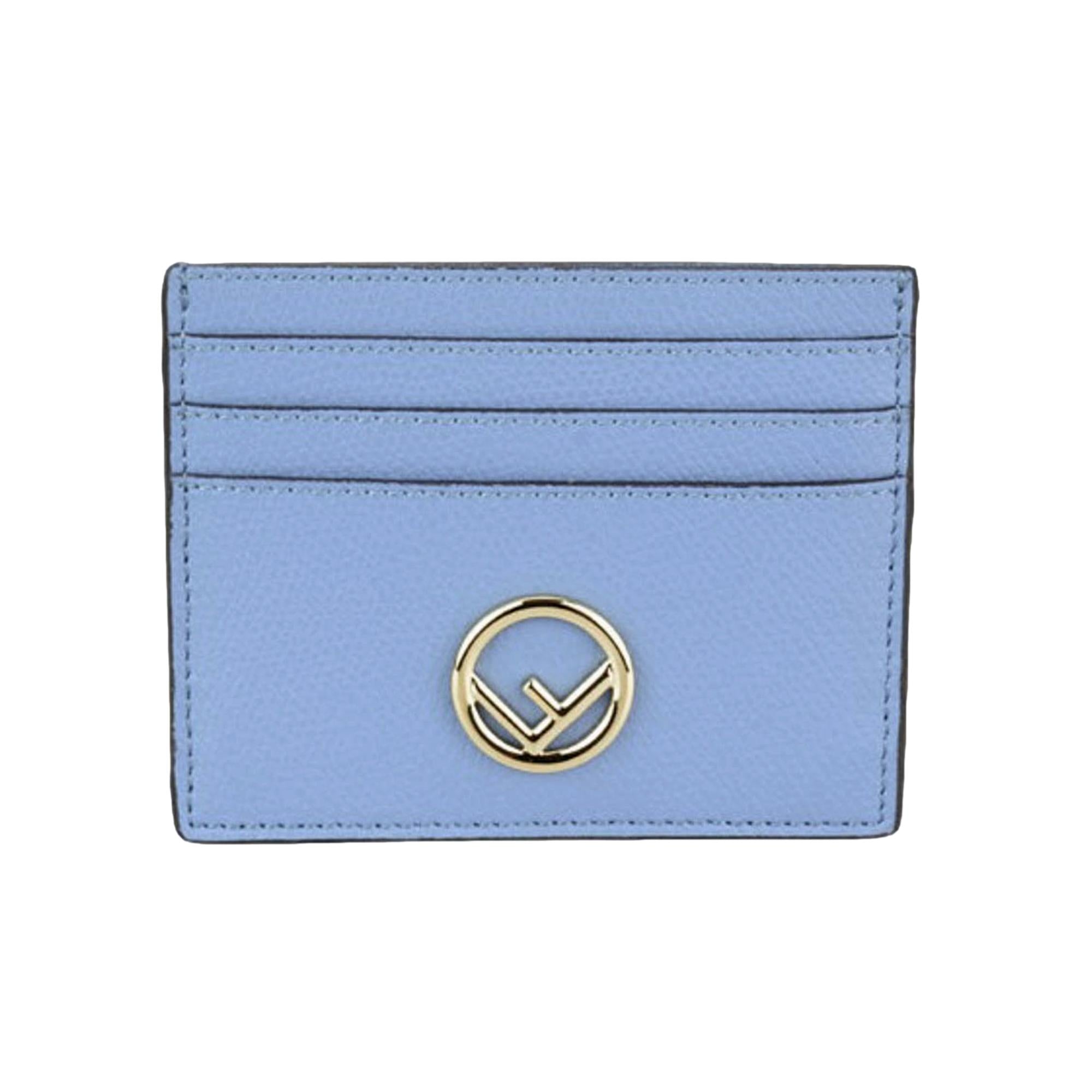 Fendi F Logo Nebula Blue Leather Card Case Wallet