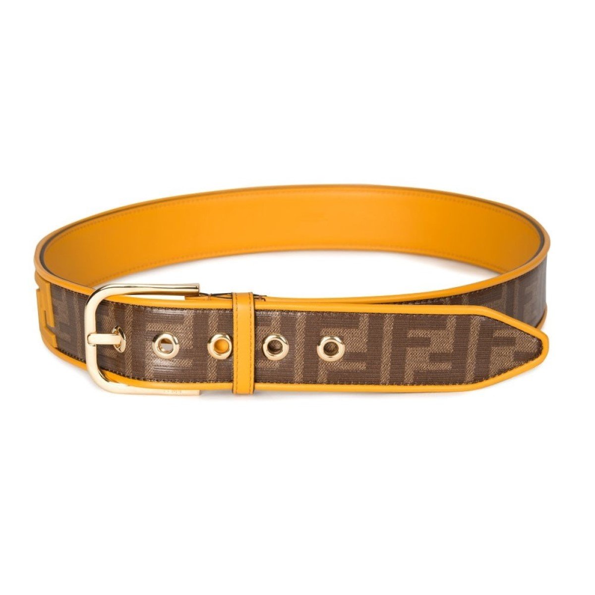 Fendi FF Logo Zucca Brown Yellow Leather Trim Belt Size 100/40