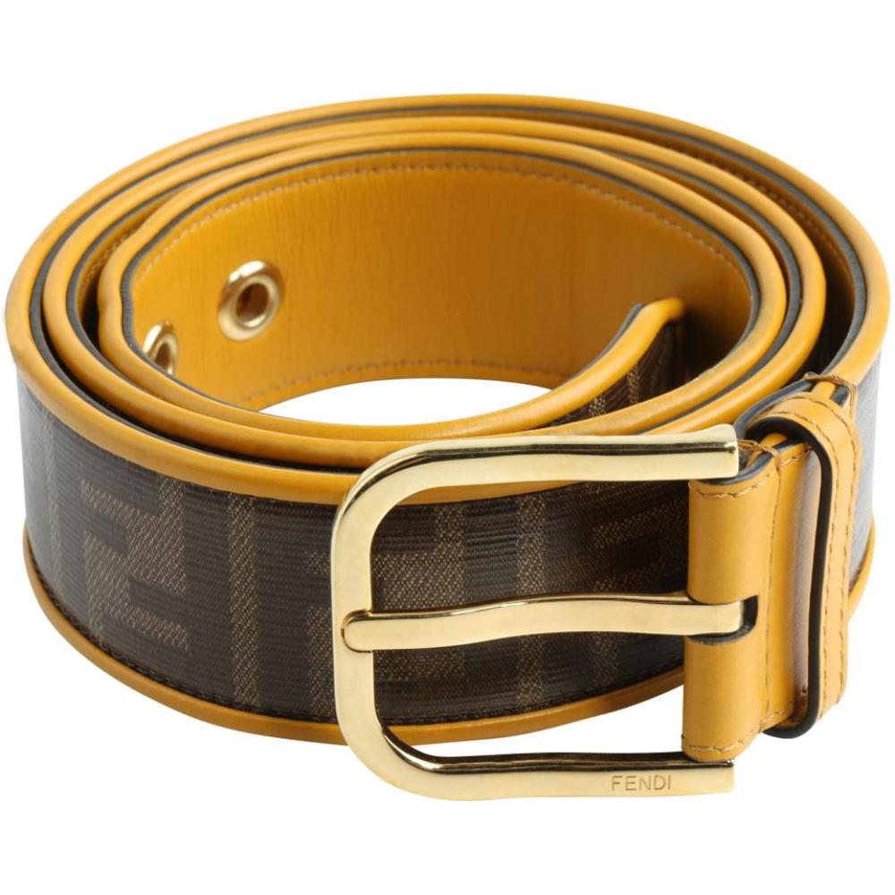 Fendi FF Logo Zucca Brown Yellow Leather Trim Belt Size 100/40