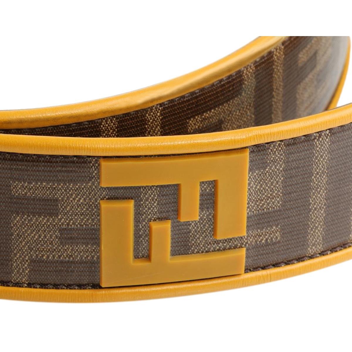 Fendi FF Logo Zucca Brown Yellow Leather Trim Belt Size 100/40