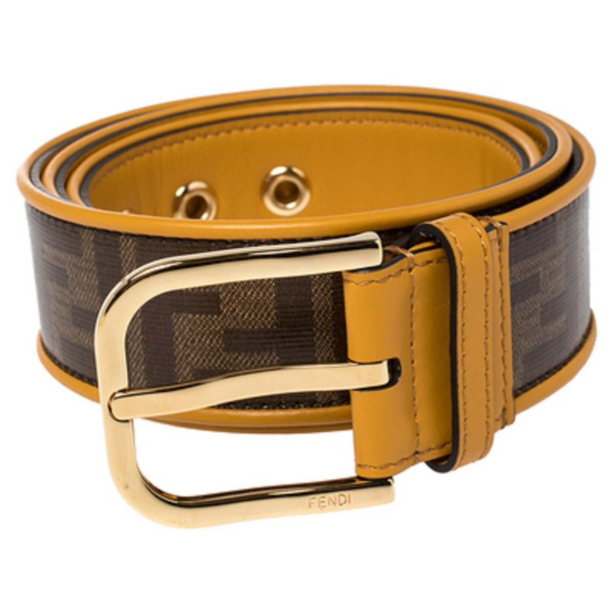 Fendi FF Logo Zucca Brown Yellow Leather Trim Belt Size 100/40