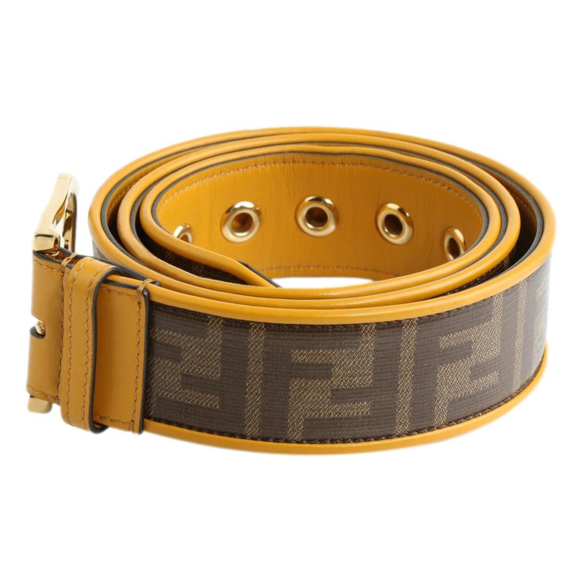 Fendi FF Logo Zucca Brown Yellow Leather Trim Belt Size 100/40