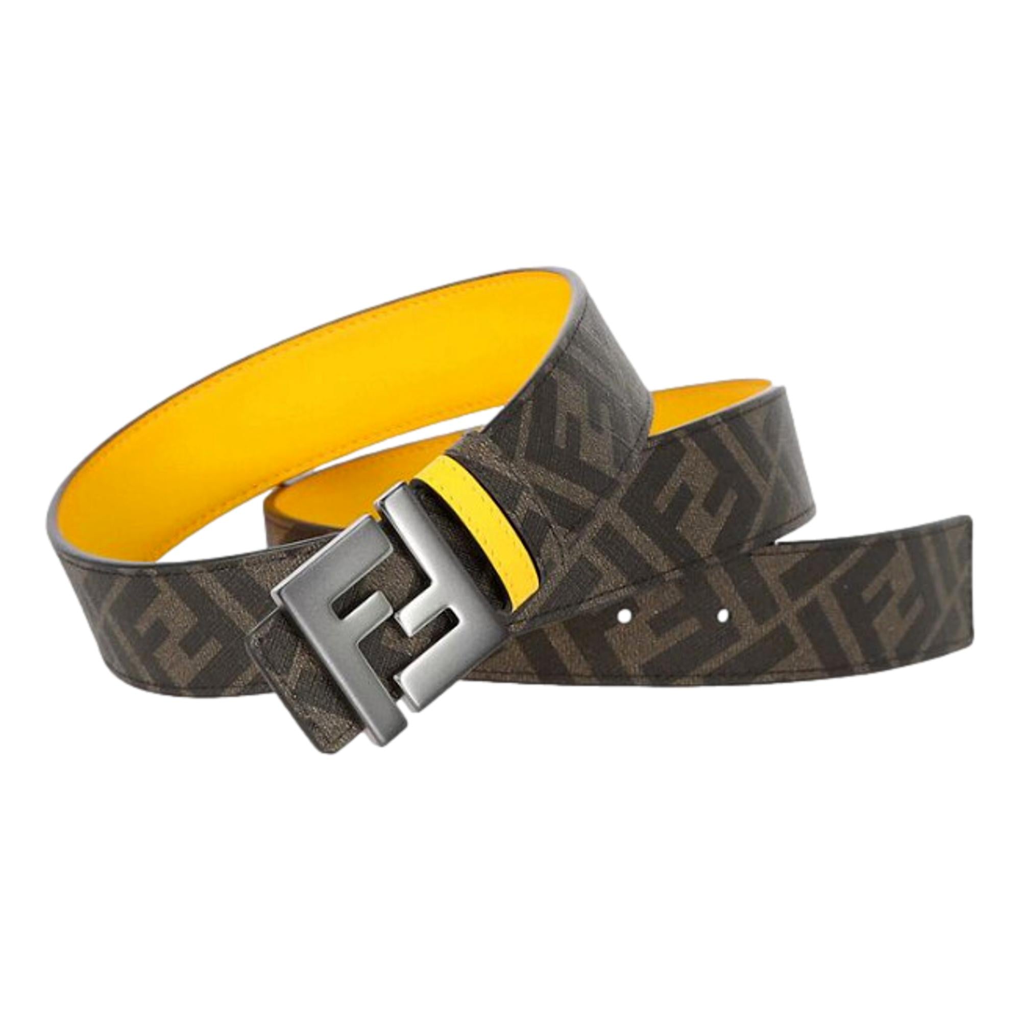 Fendi FF Reversible Yellow Leather and Brown FF Canvas Belt