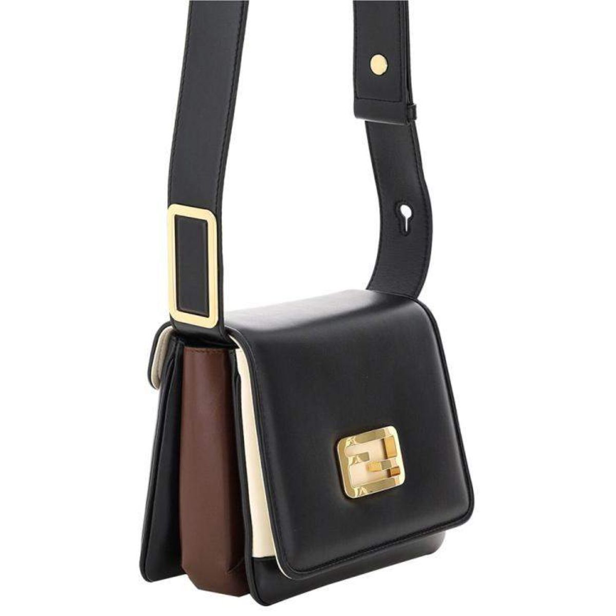 Fendi Id Flap Tricolor Black Leather Small Shoulder Bag