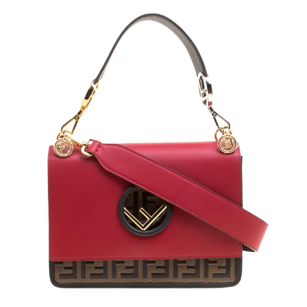 Fendi Kan I F Red Brown Zucca Embossed Leather Shoulder Bag