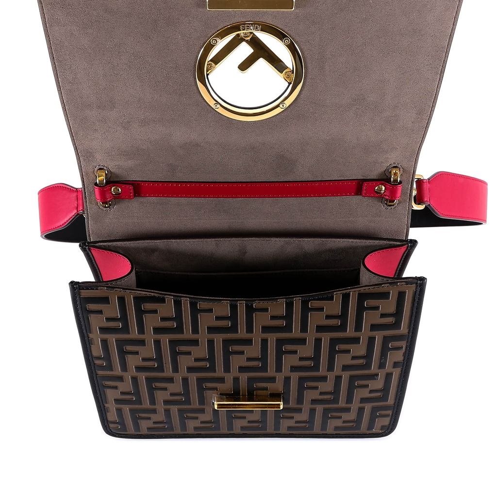 Fendi Kan I F Red Brown Zucca Embossed Leather Shoulder Bag