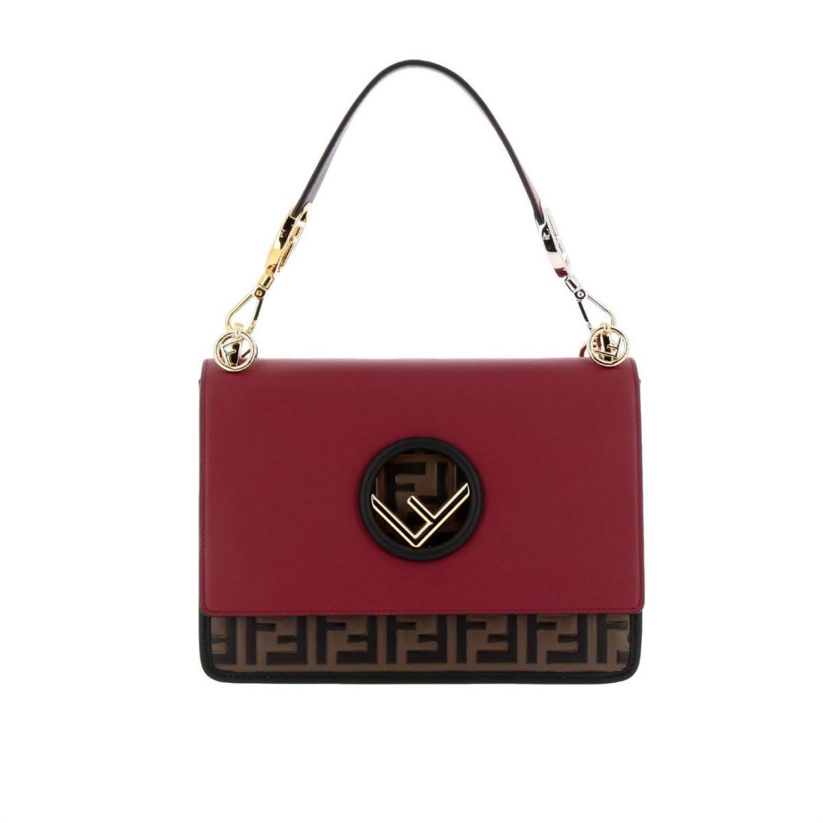 Fendi Kan I F Red Brown Zucca Embossed Leather Shoulder Bag