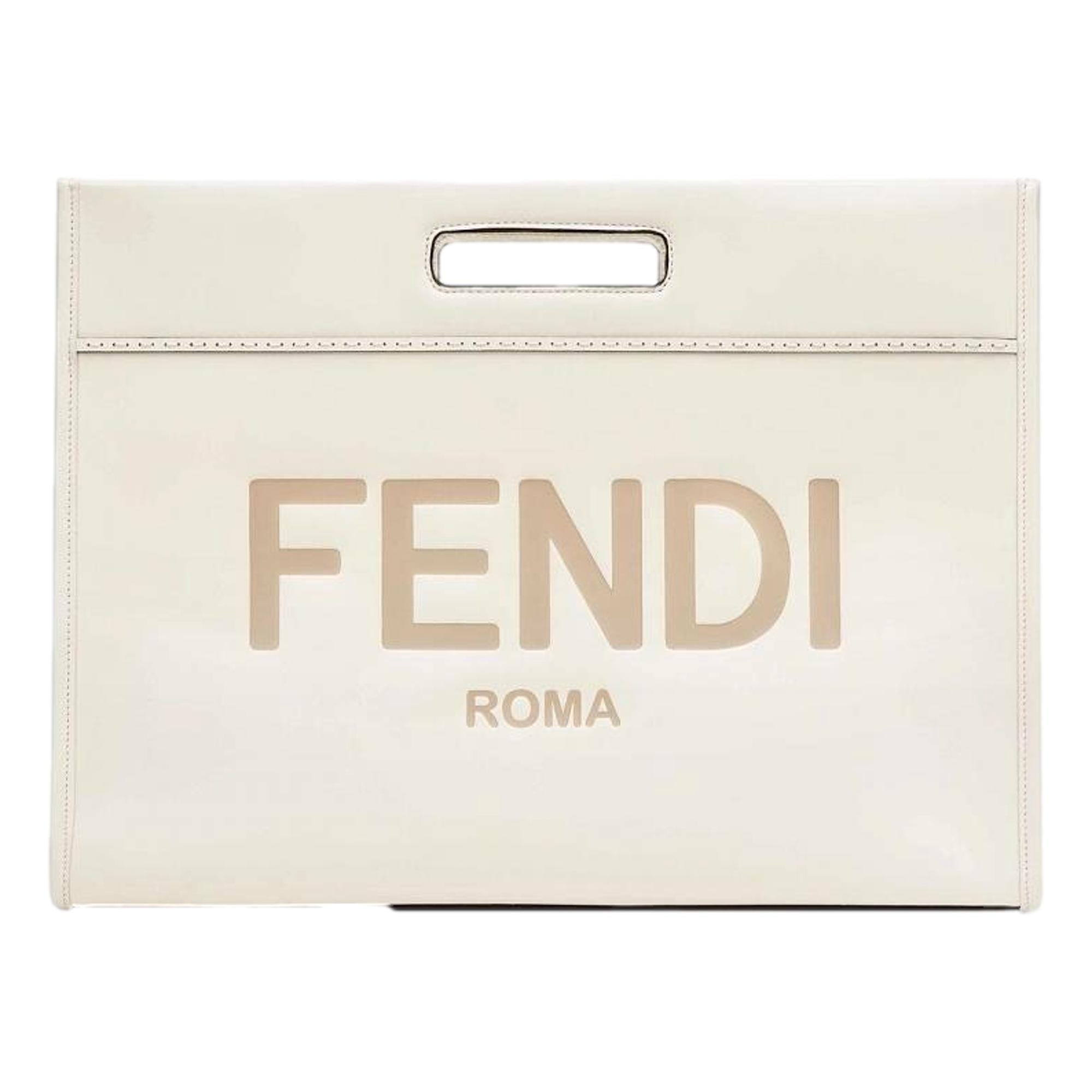 Fendi Logo 2-Way Smooth Ivory Leather Tote Bag