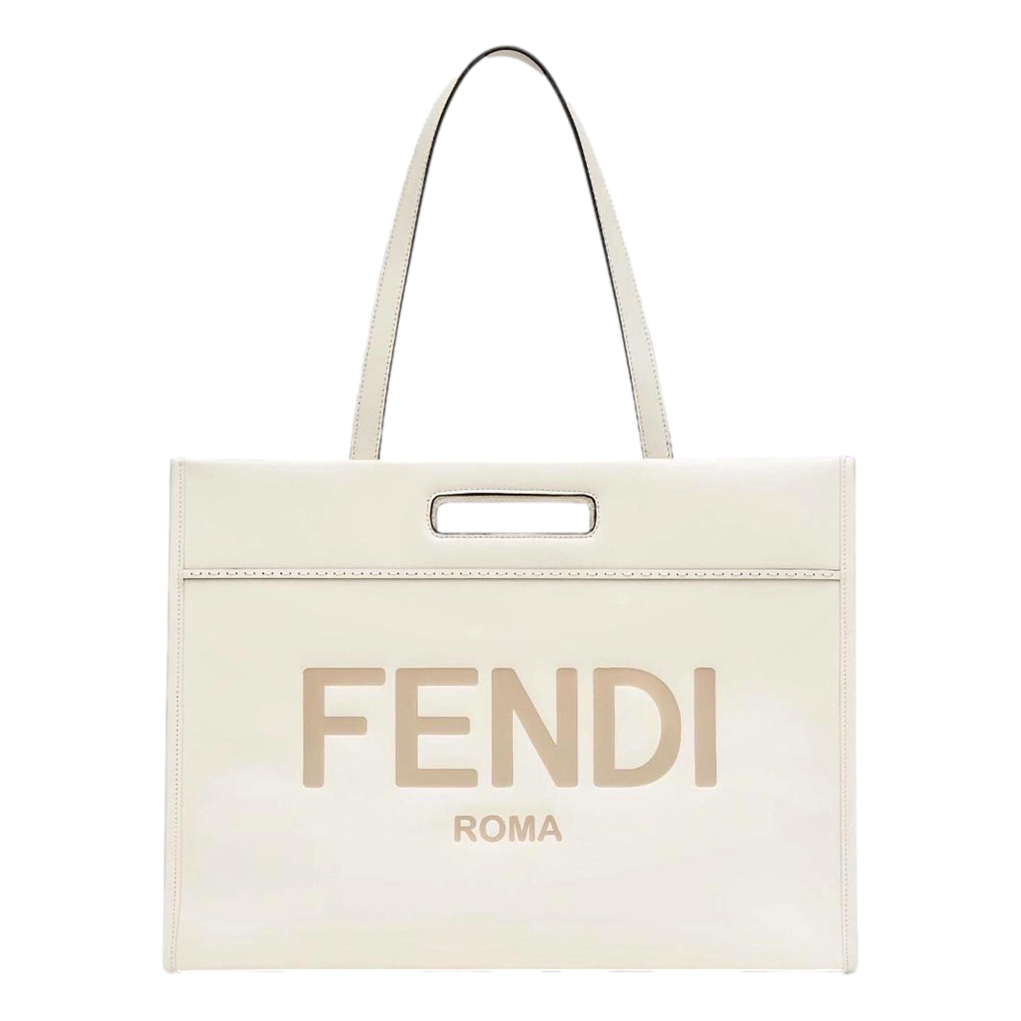 Fendi Logo 2-Way Smooth Ivory Leather Tote Bag