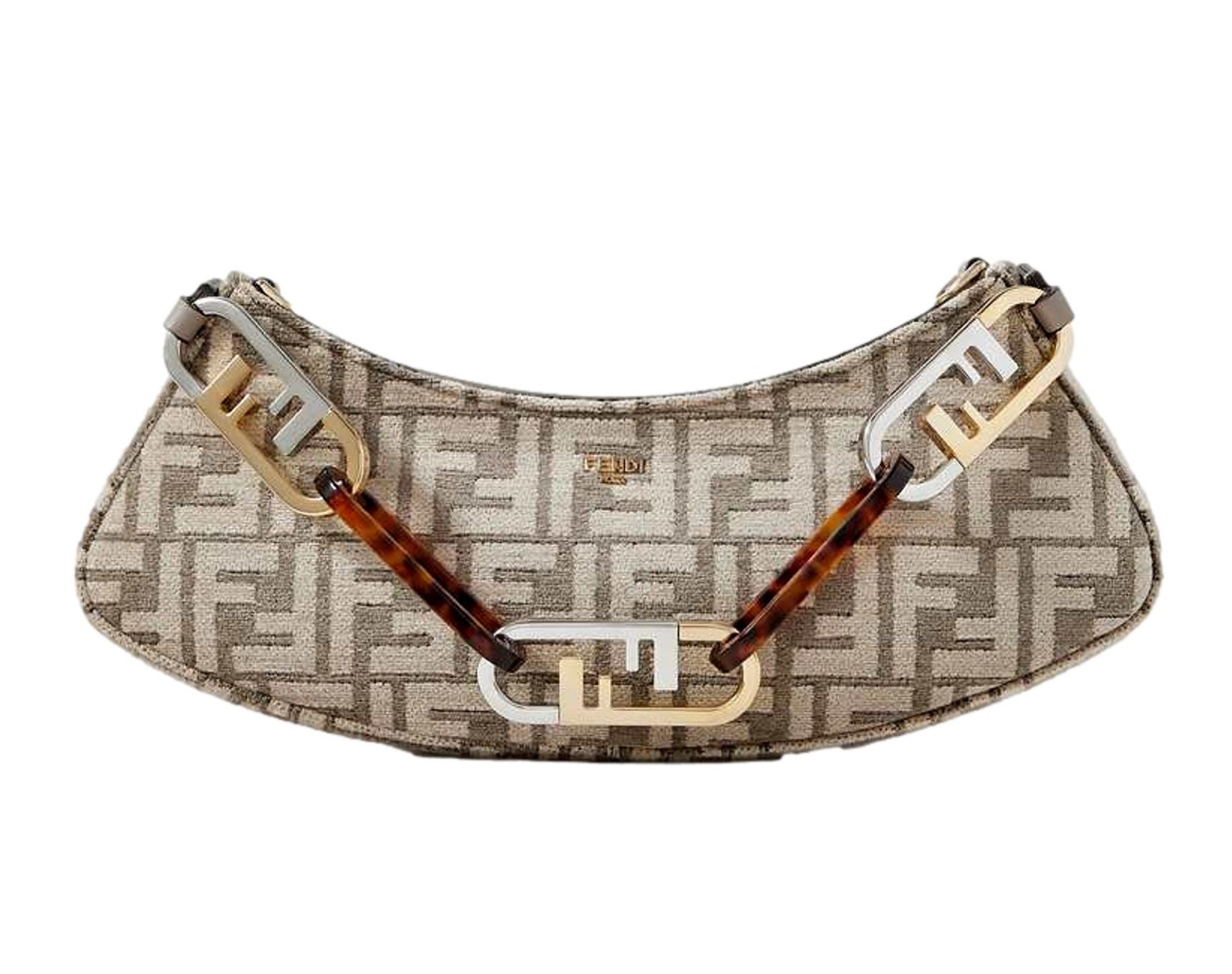 Fendi O'Lock Swing FF Logo Tortora Gray Chenille Shoulder Bag