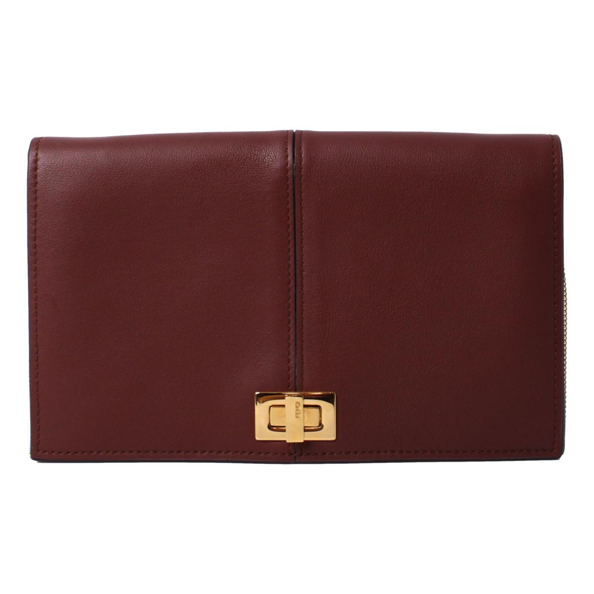 Fendi Peekaboo Brown Leather Zucca Chain Wallet Clutch Bag