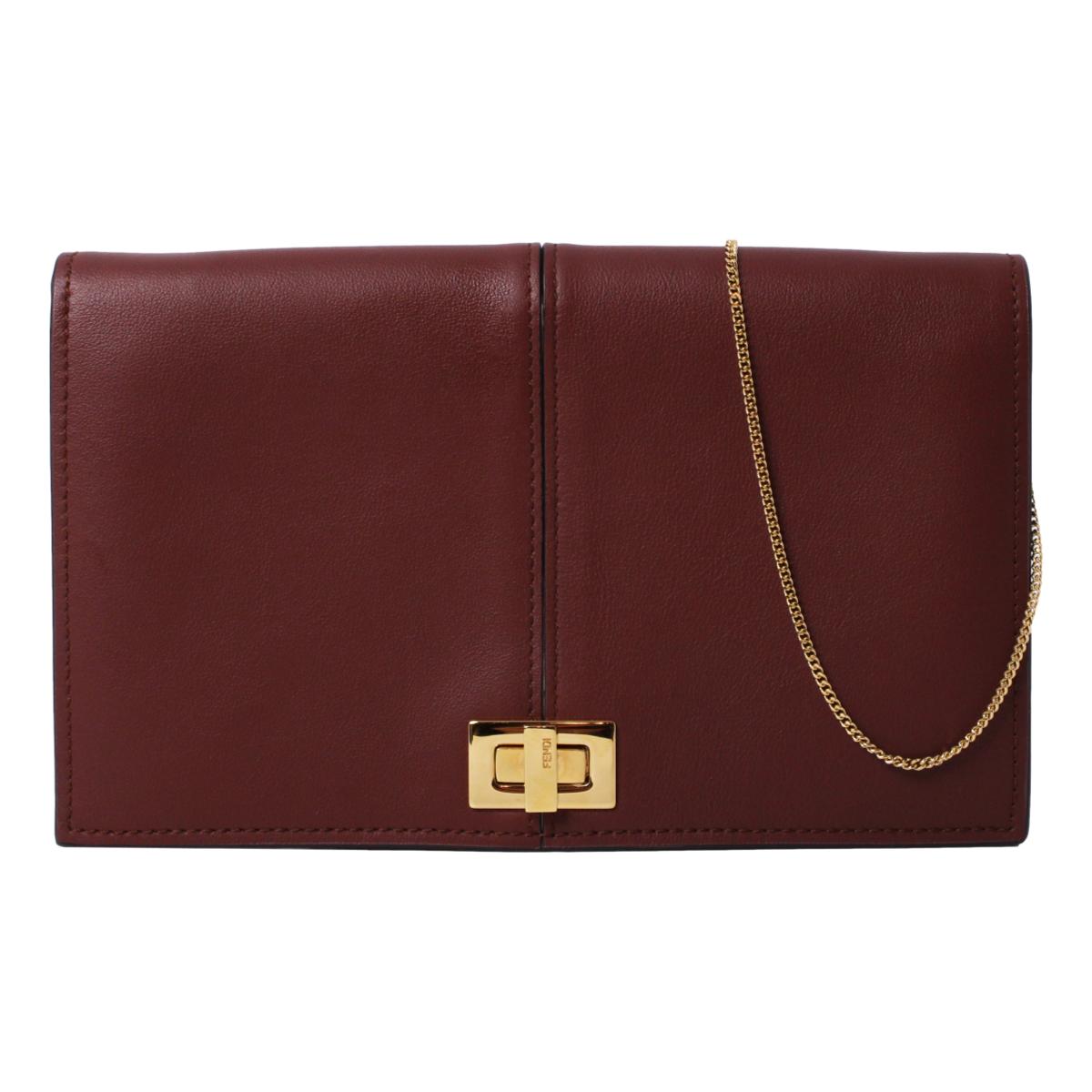 Fendi Peekaboo Brown Leather Zucca Chain Wallet Clutch Bag