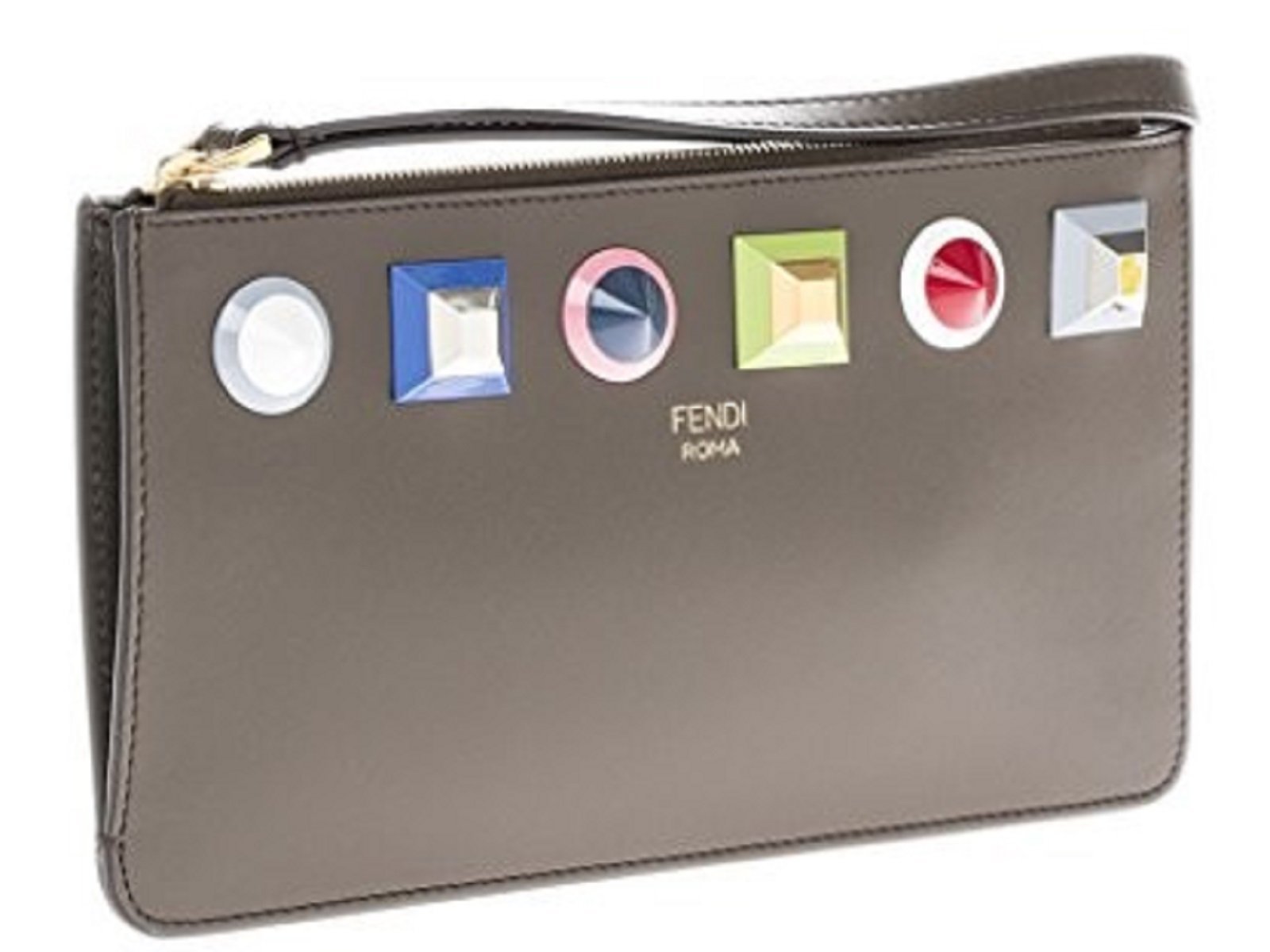 Fendi Rainbow Asphalt Gray Calf Leather Studs Wristlet Wallet