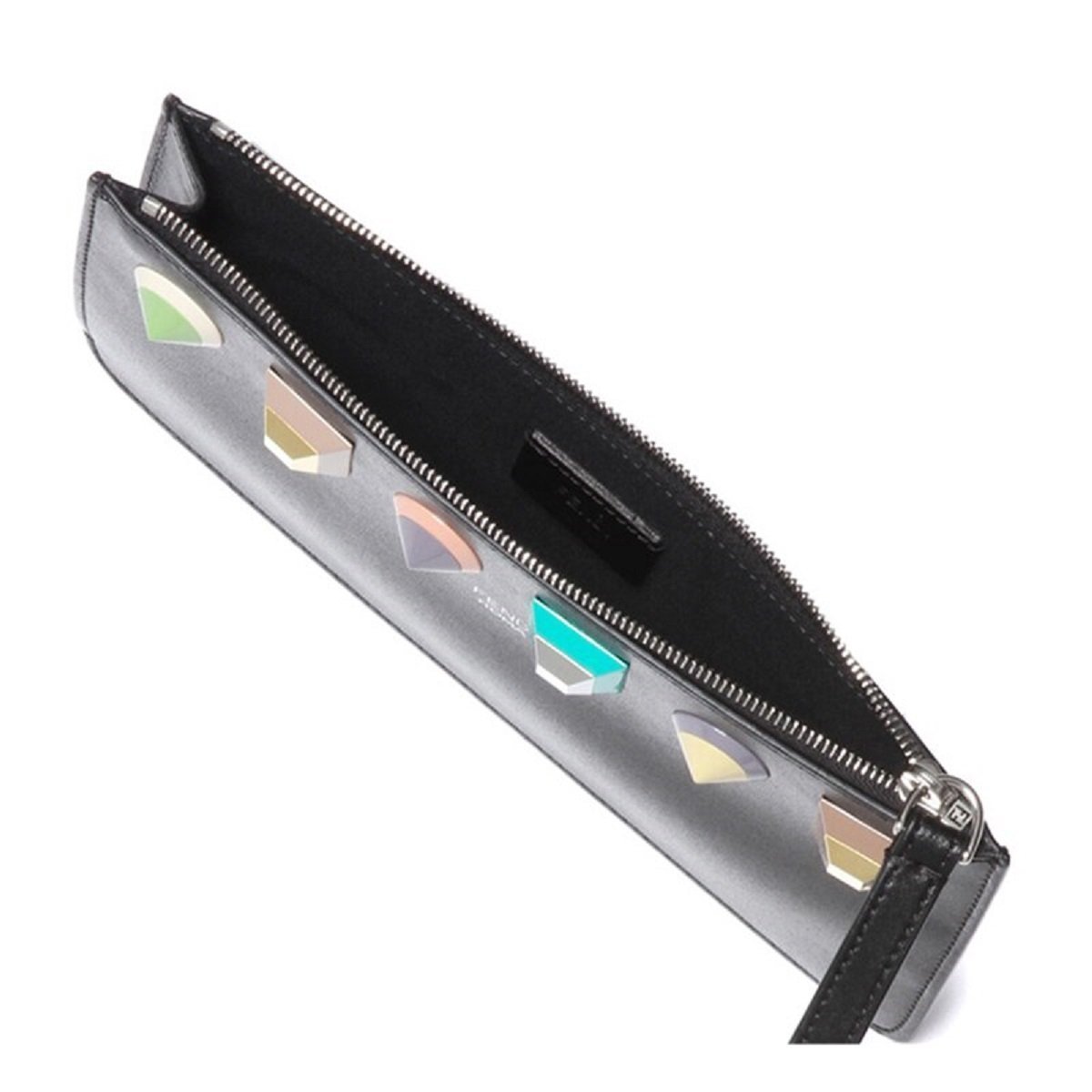 Fendi Rainbow Asphalt Gray Calf Leather Studs Wristlet Wallet