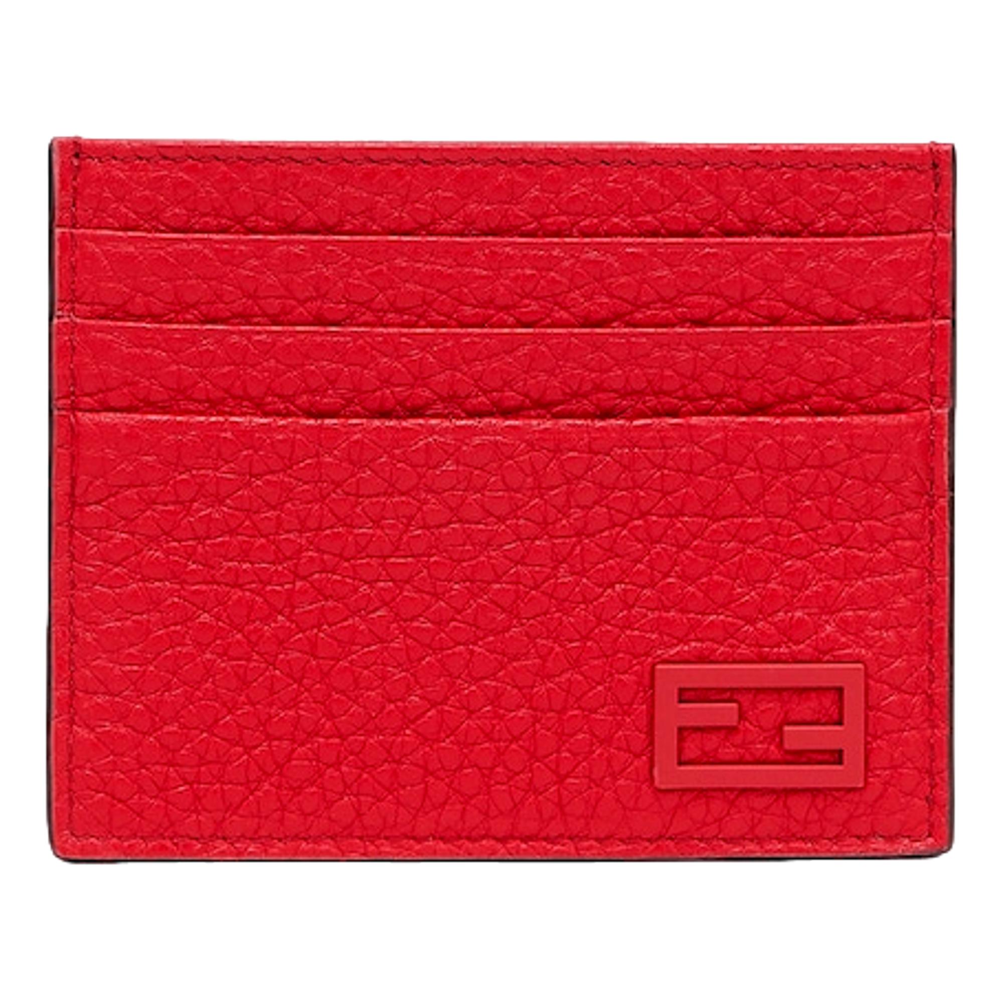 Fendi Red Calfskin Grained Leather Logo Card Case Wallet