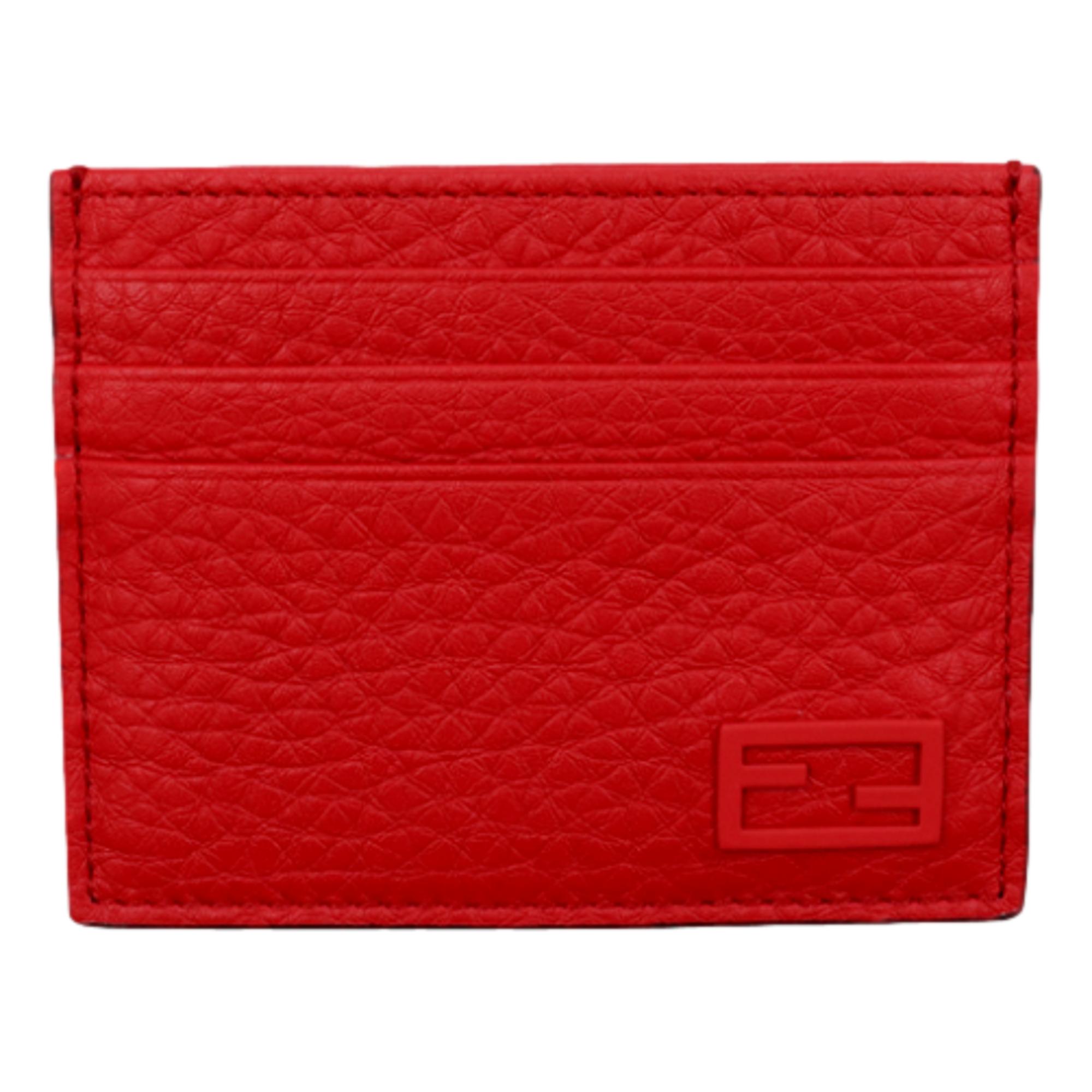 Fendi Red Calfskin Grained Leather Logo Card Case Wallet