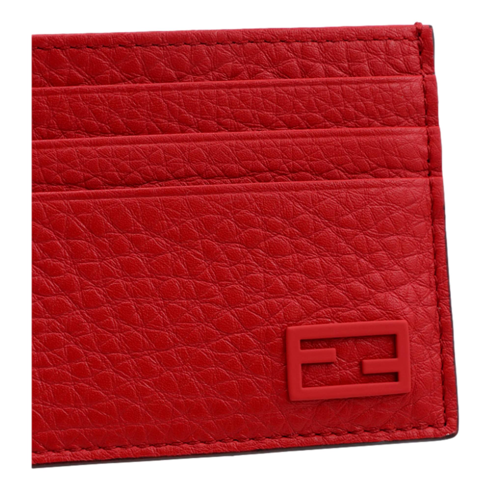 Fendi Red Calfskin Grained Leather Logo Card Case Wallet