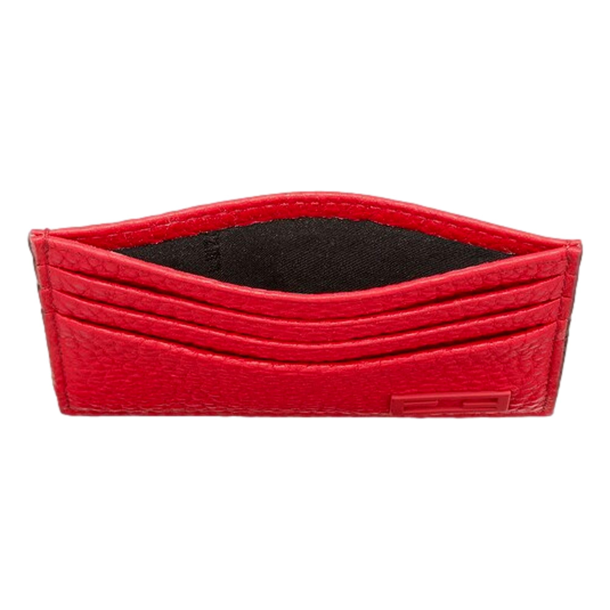 Fendi Red Calfskin Grained Leather Logo Card Case Wallet