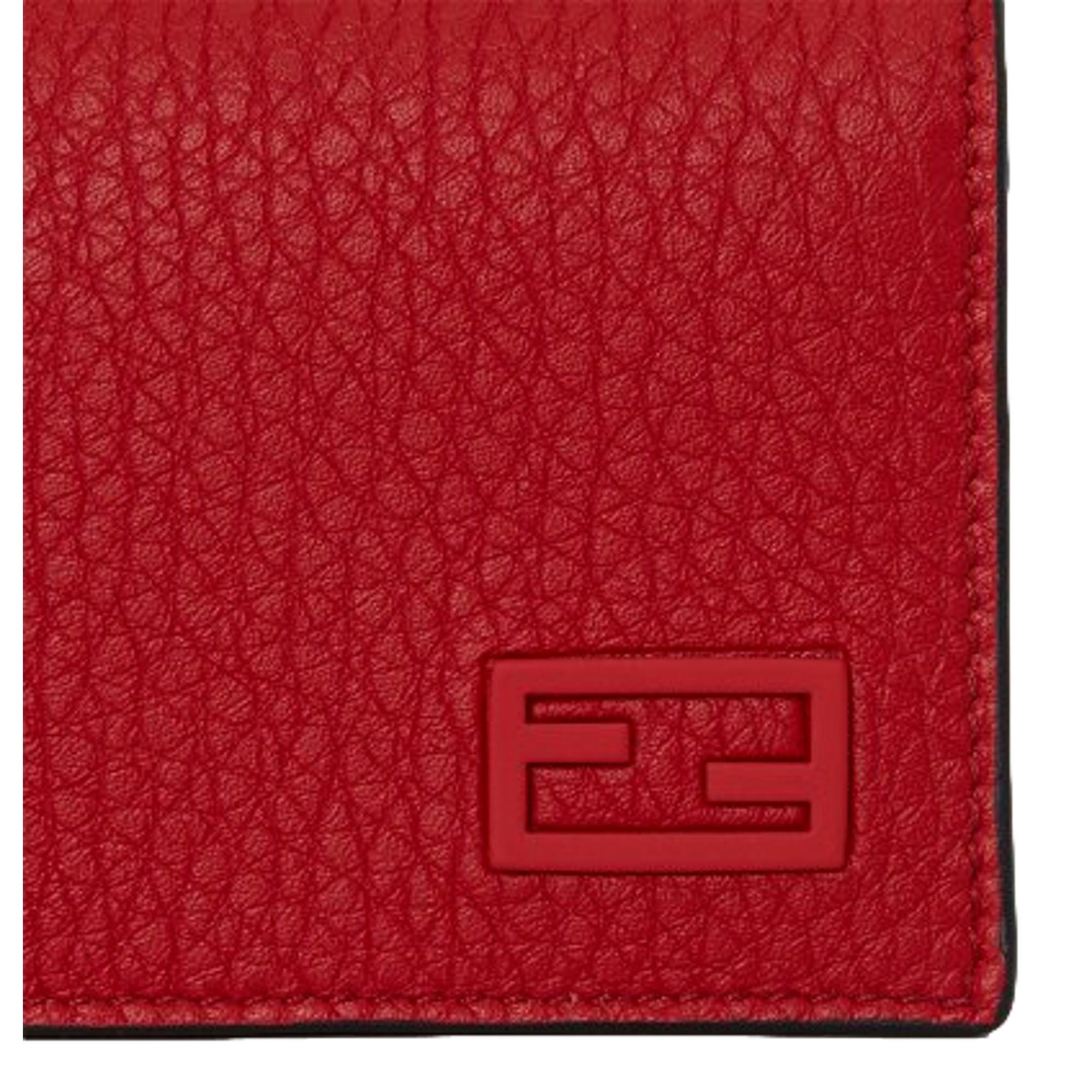 Fendi Red Grained Leather Baguette Logo Card Case Wallet