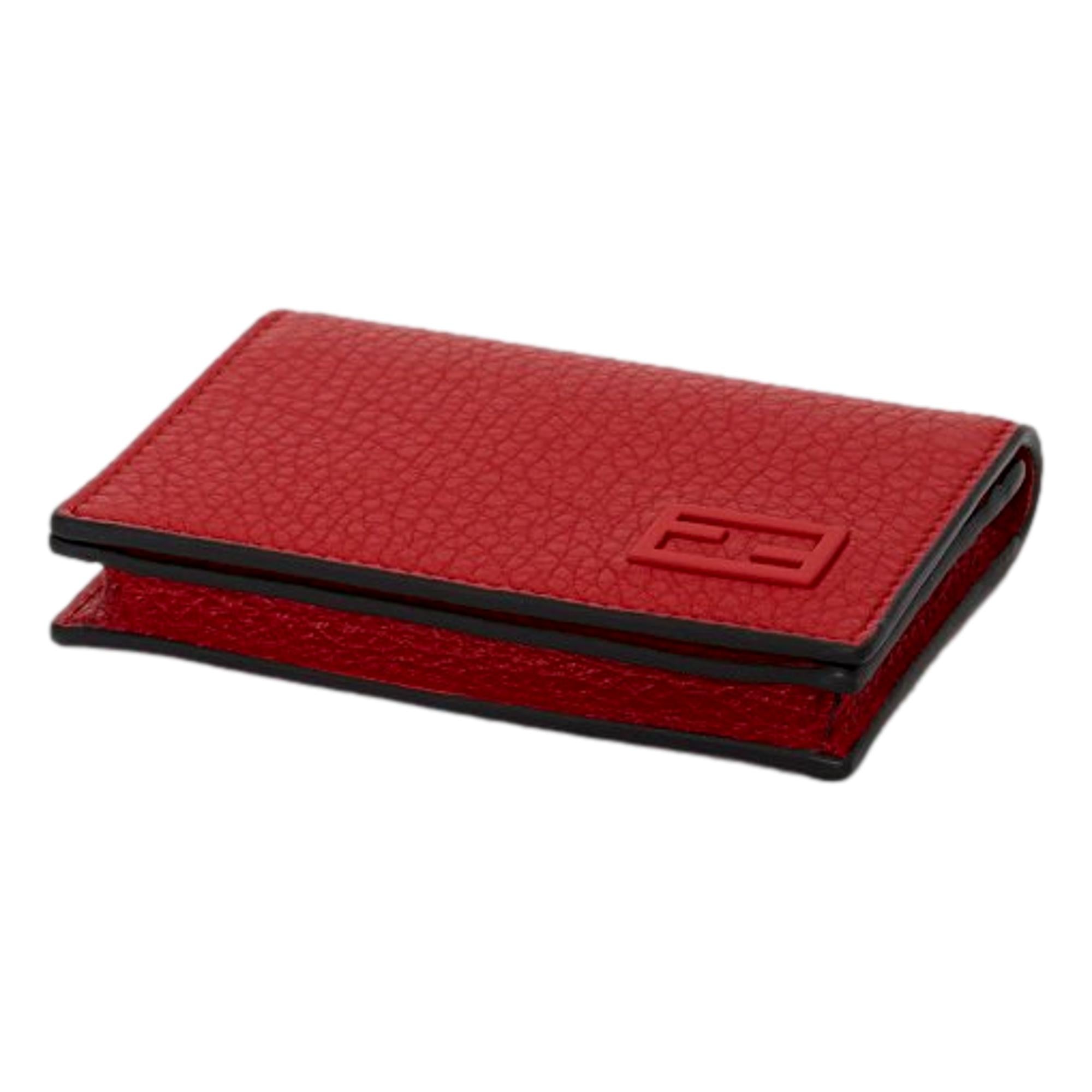 Fendi Red Grained Leather Baguette Logo Card Case Wallet