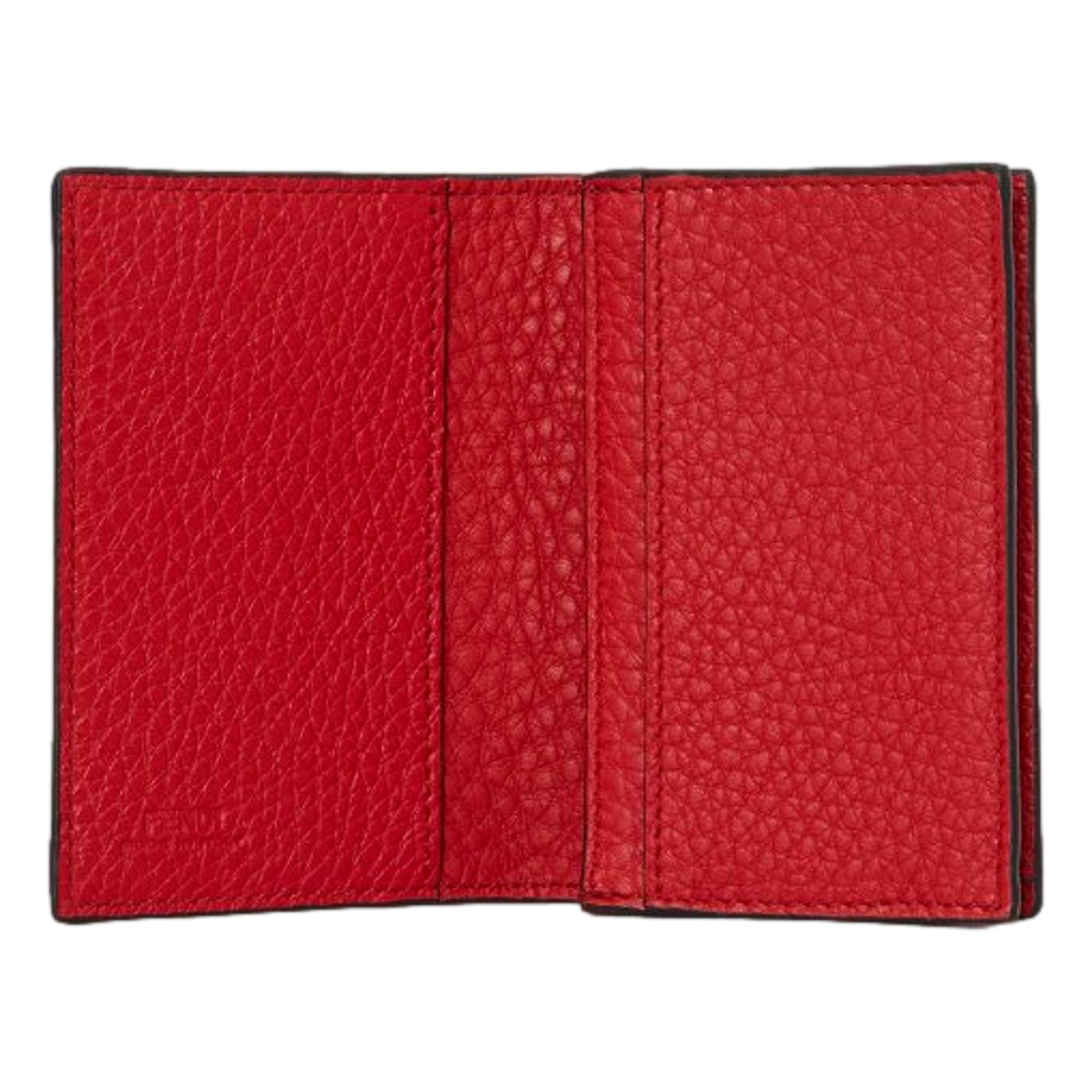 Fendi Red Grained Leather Baguette Logo Card Case Wallet