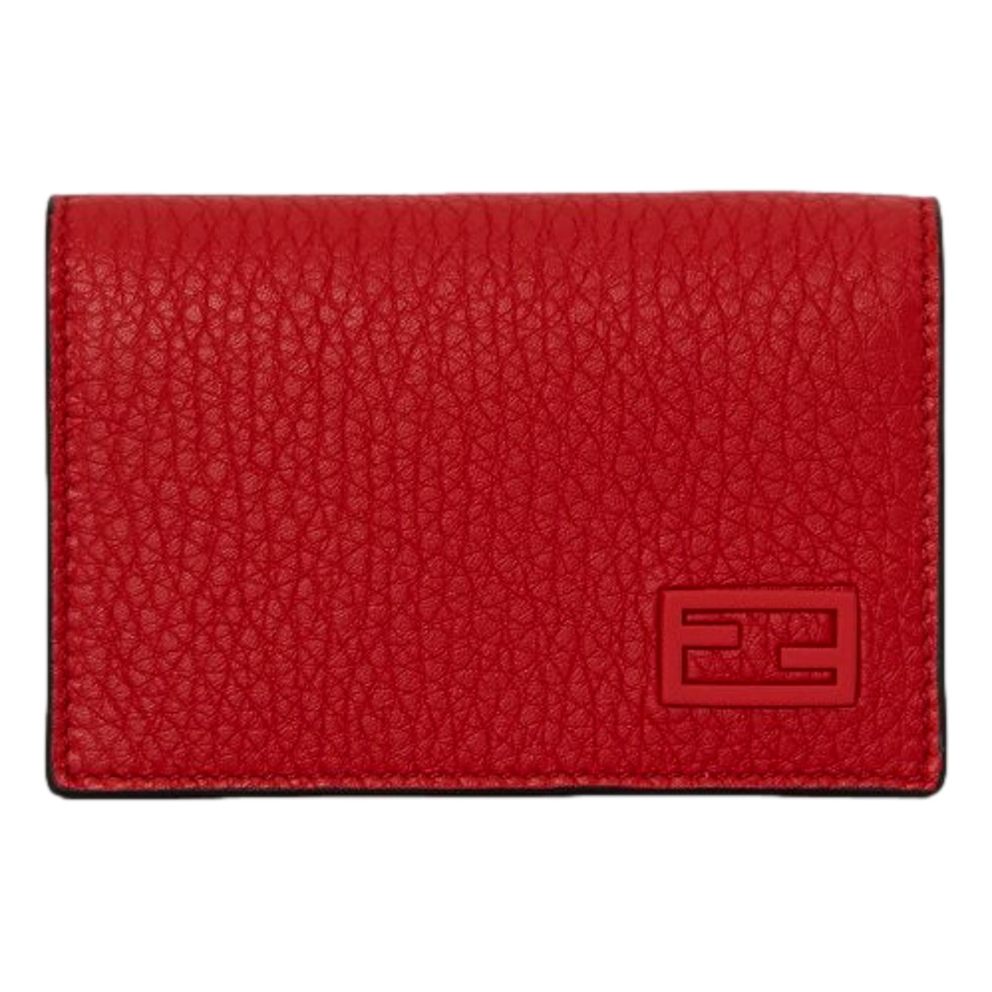 Fendi Red Grained Leather Baguette Logo Card Case Wallet