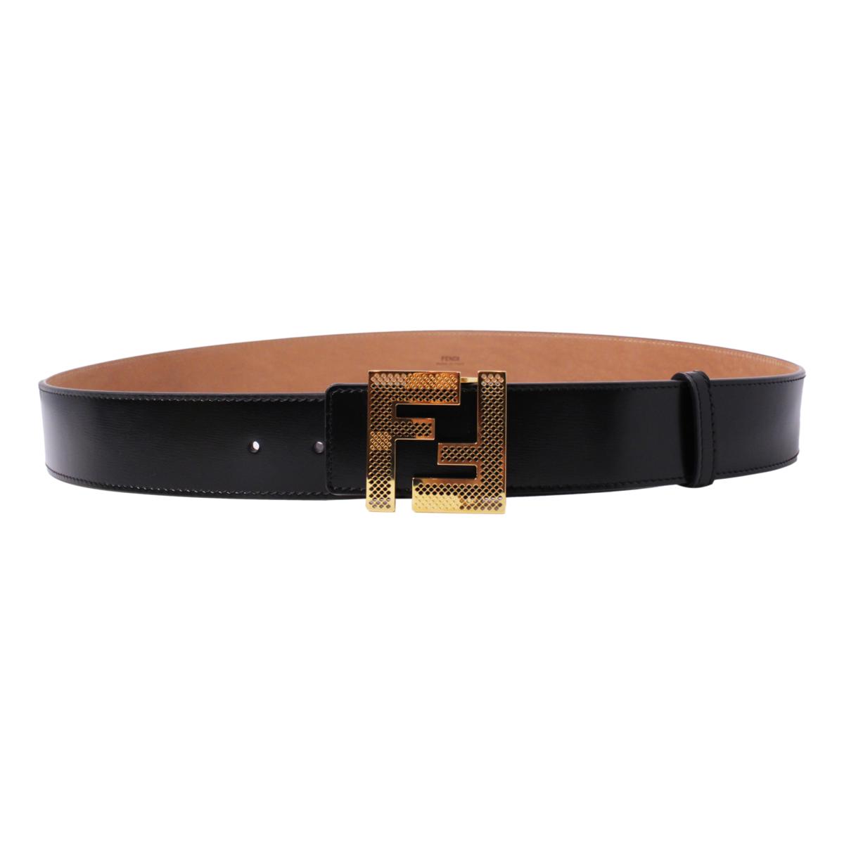 Fendi Black Beige Leather Perforated FF Buckle Belt Size 105