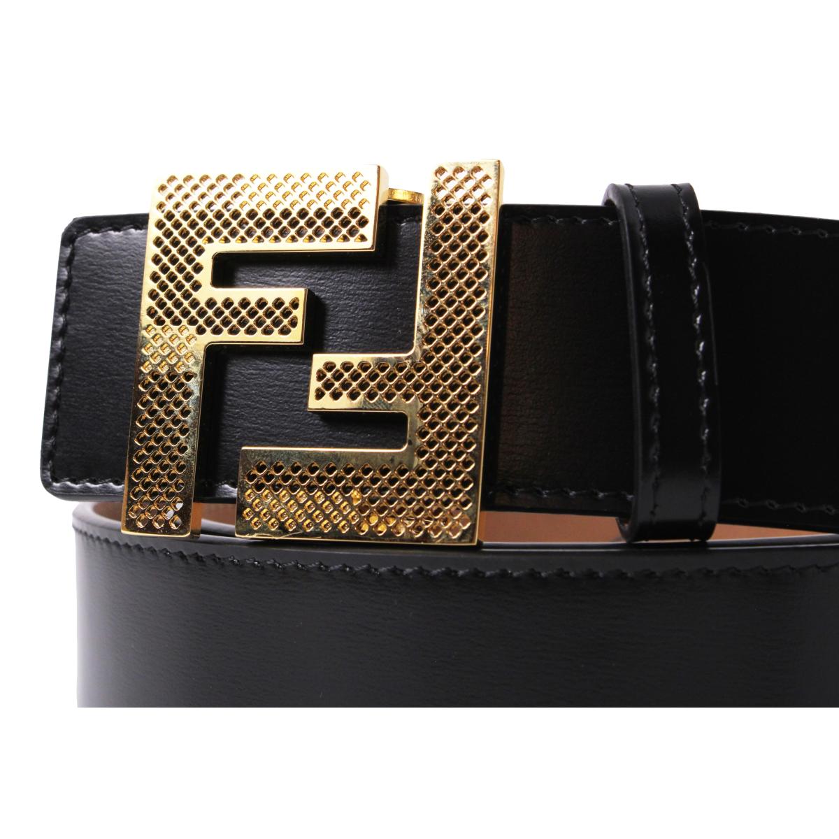 Fendi Black Beige Leather Perforated FF Buckle Belt Size 105