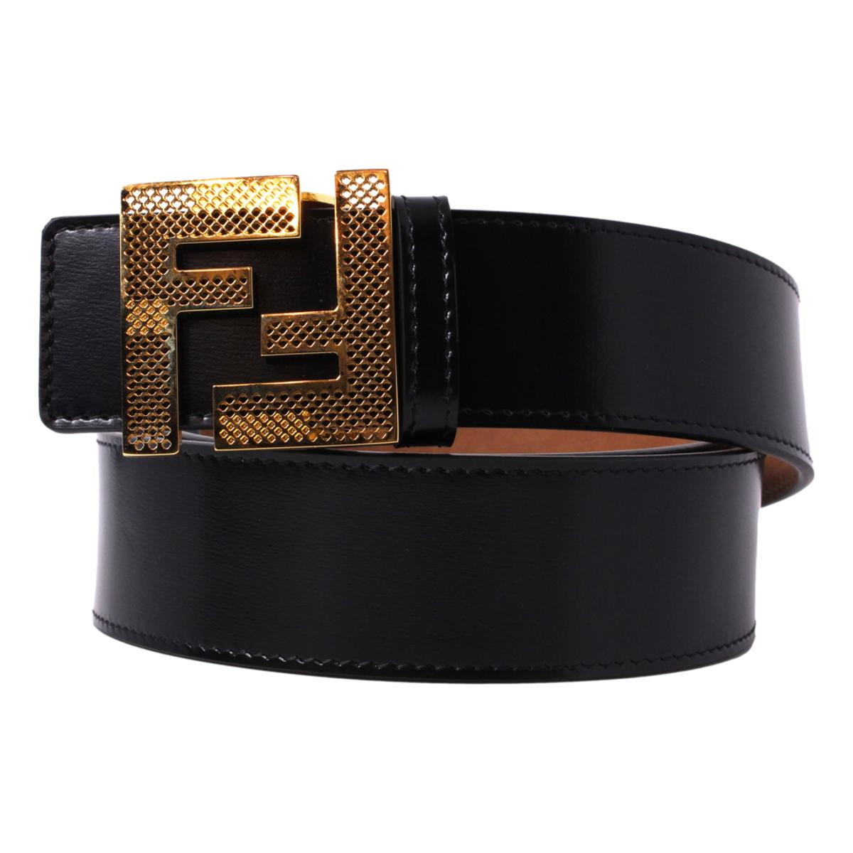 Fendi Black Beige Leather Perforated FF Buckle Belt Size 105