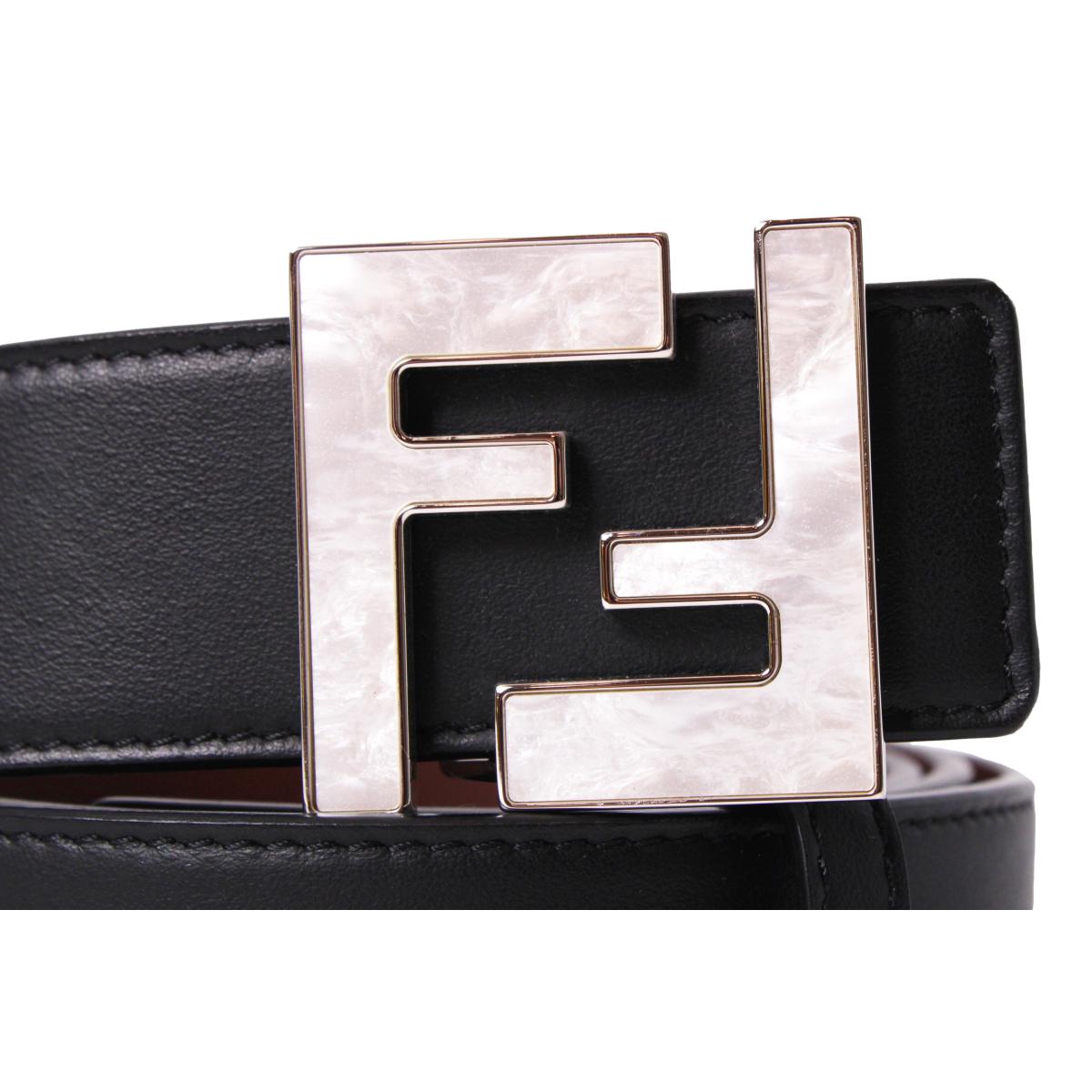 Fendi Reversible Black Brown Leather Pearl FF Buckle Belt Size 95