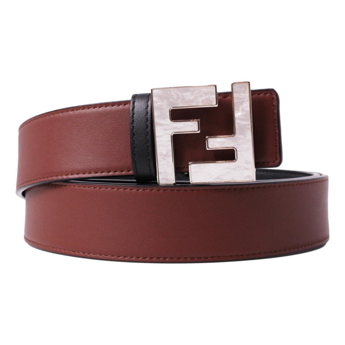 Fendi Reversible Black Brown Leather Pearl FF Buckle Belt Size 95