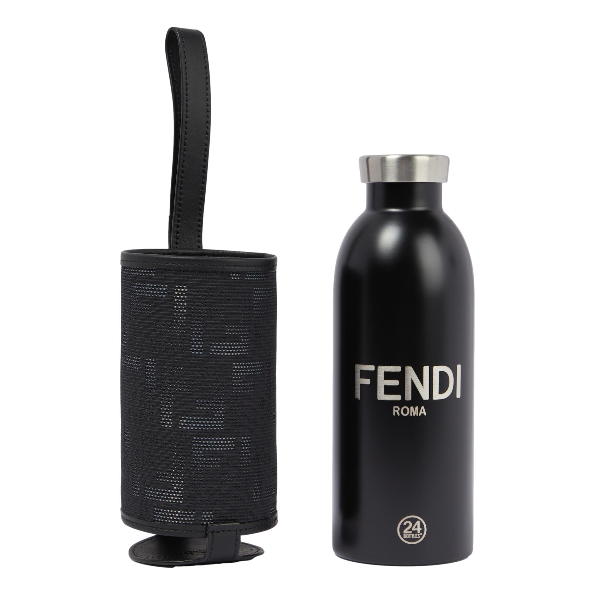 Fendi Roma Black Steel Bottle and FF Woven Canvas Holder Set