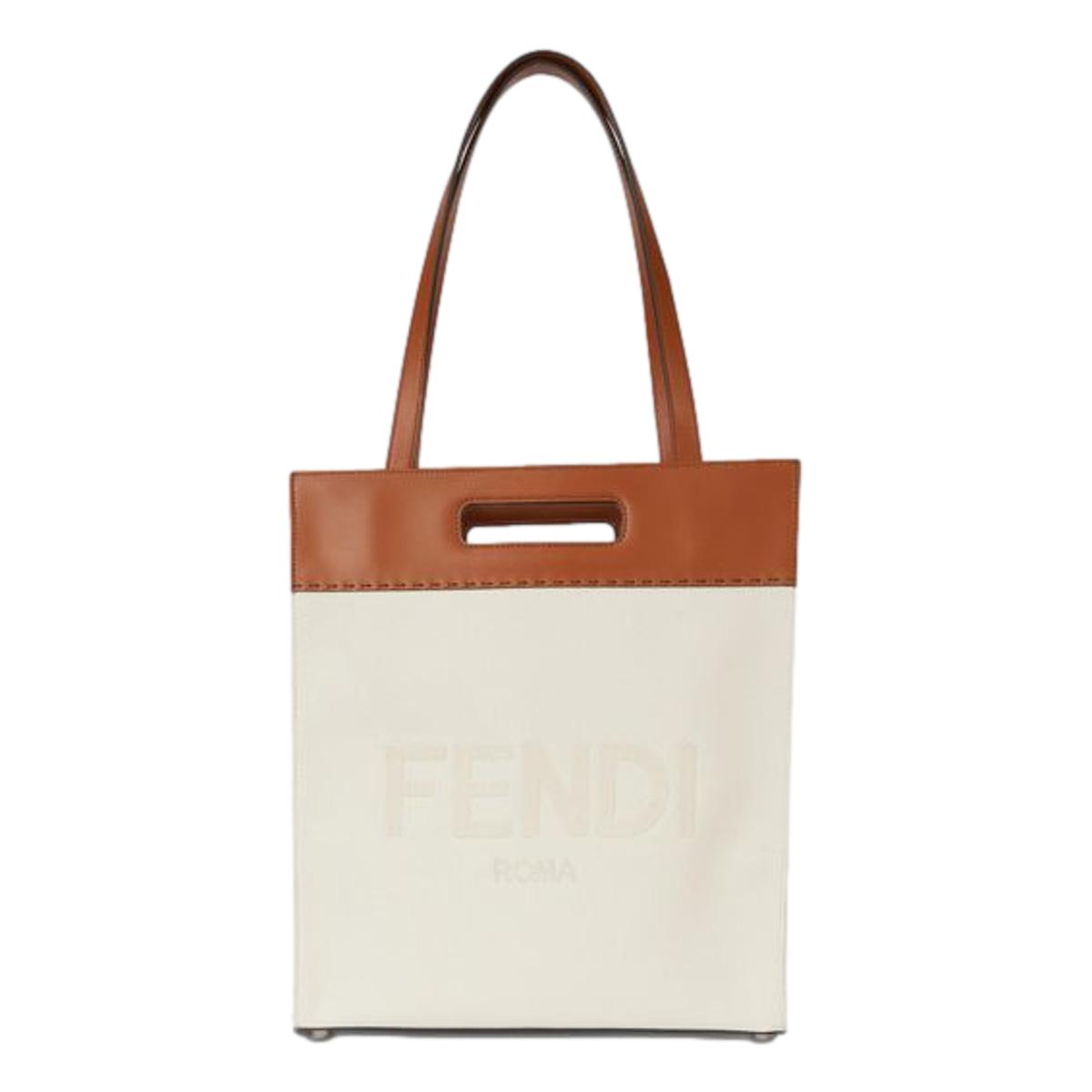 Fendi Roma Brand Embroidered Canvas And Leather Tote Bag