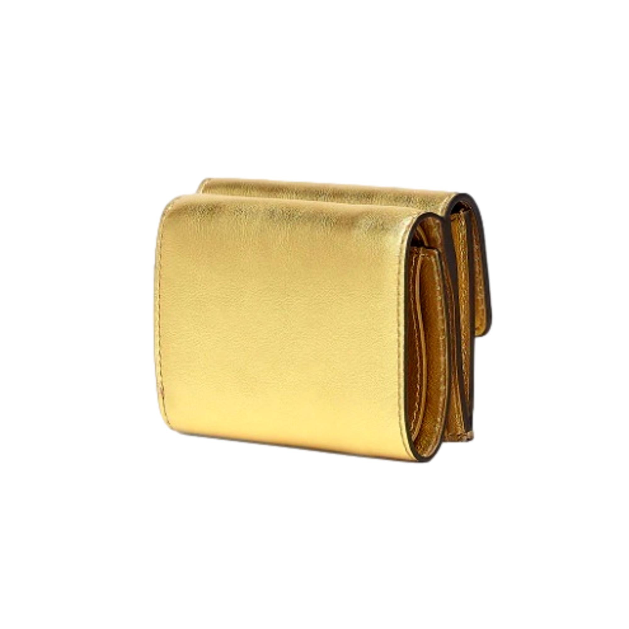 Fendi Roma Logo Metallic Gold Leather Micro Trifold Wallet