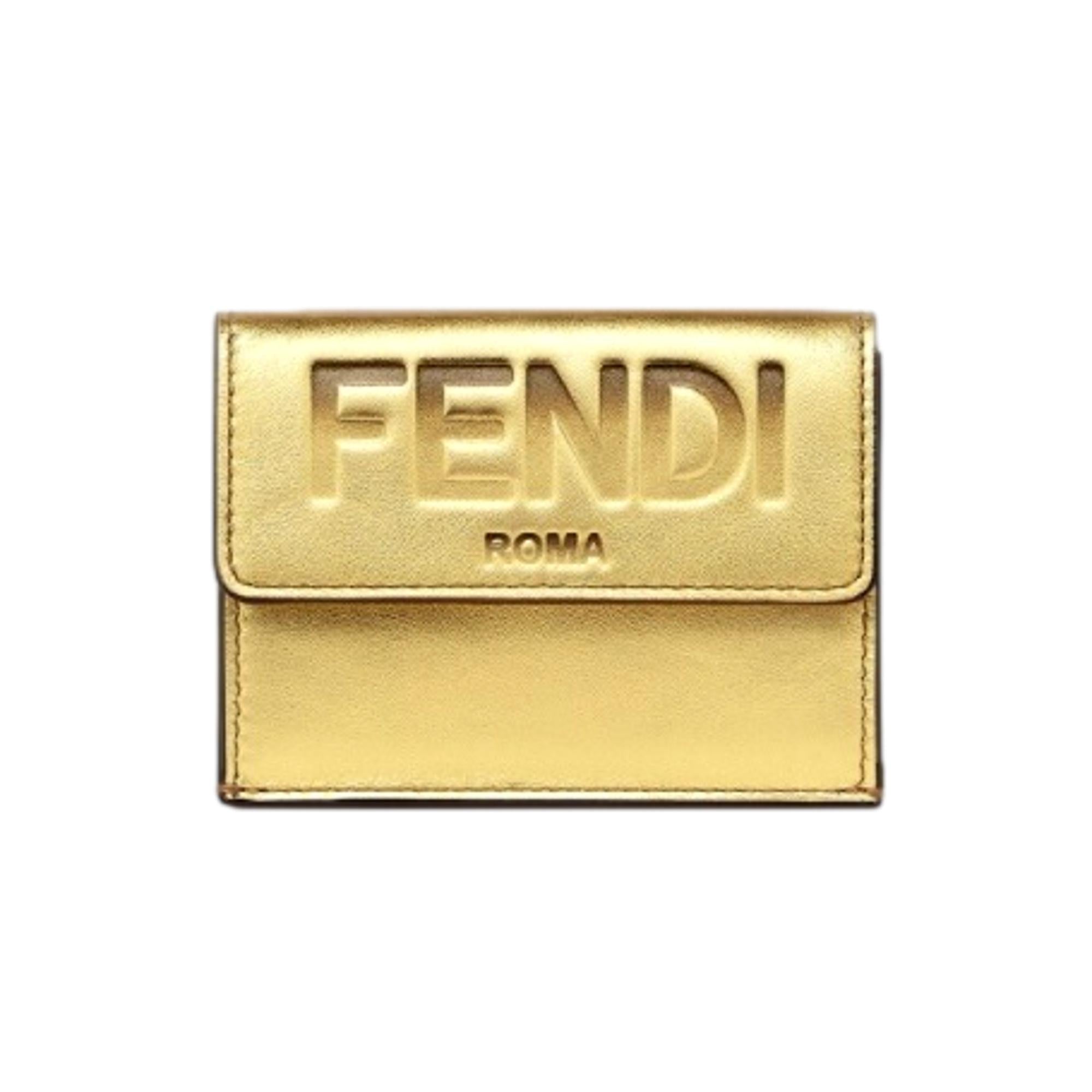 Fendi Roma Logo Metallic Gold Leather Micro Trifold Wallet