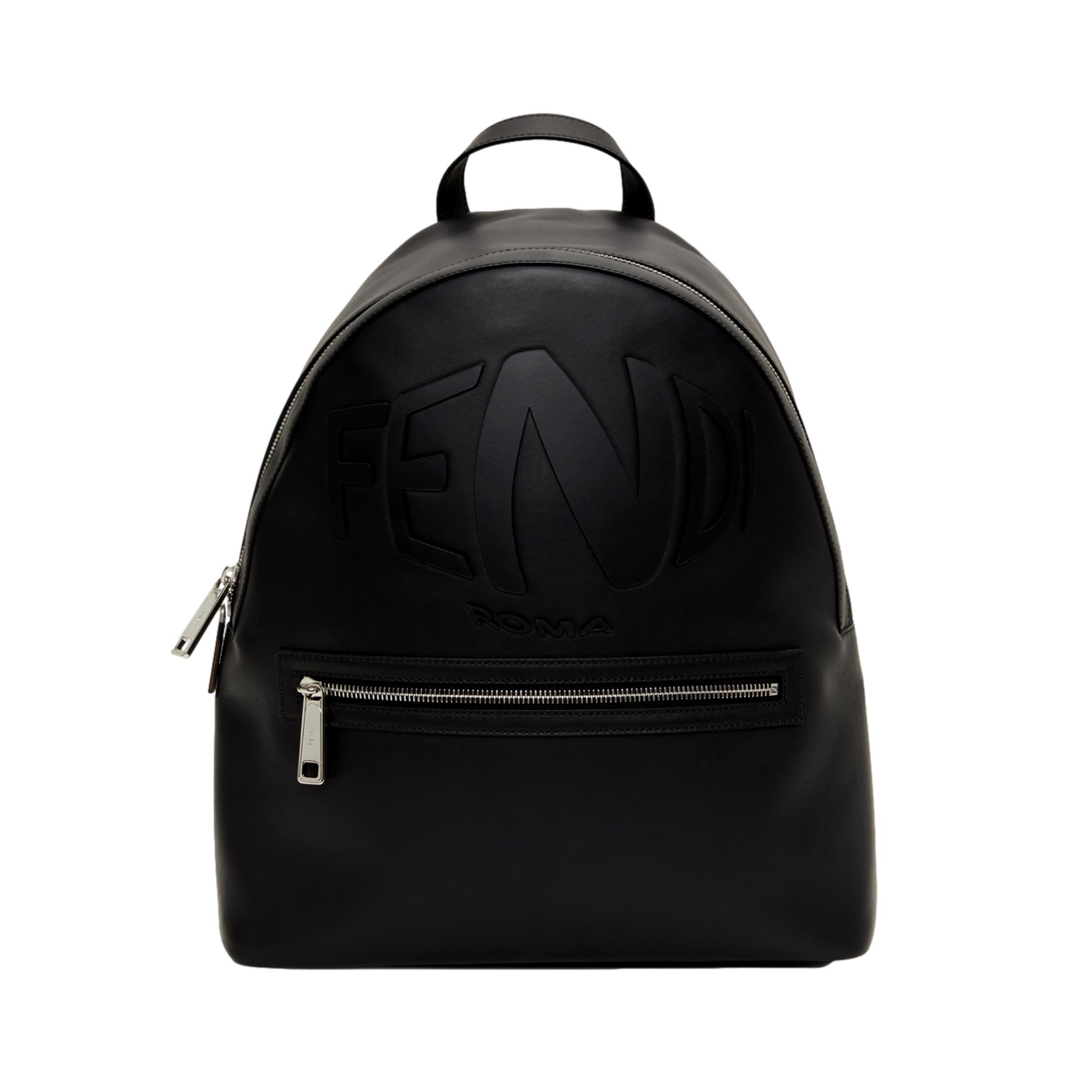 Fendi Roma Warped Logo Black Leather Backpack