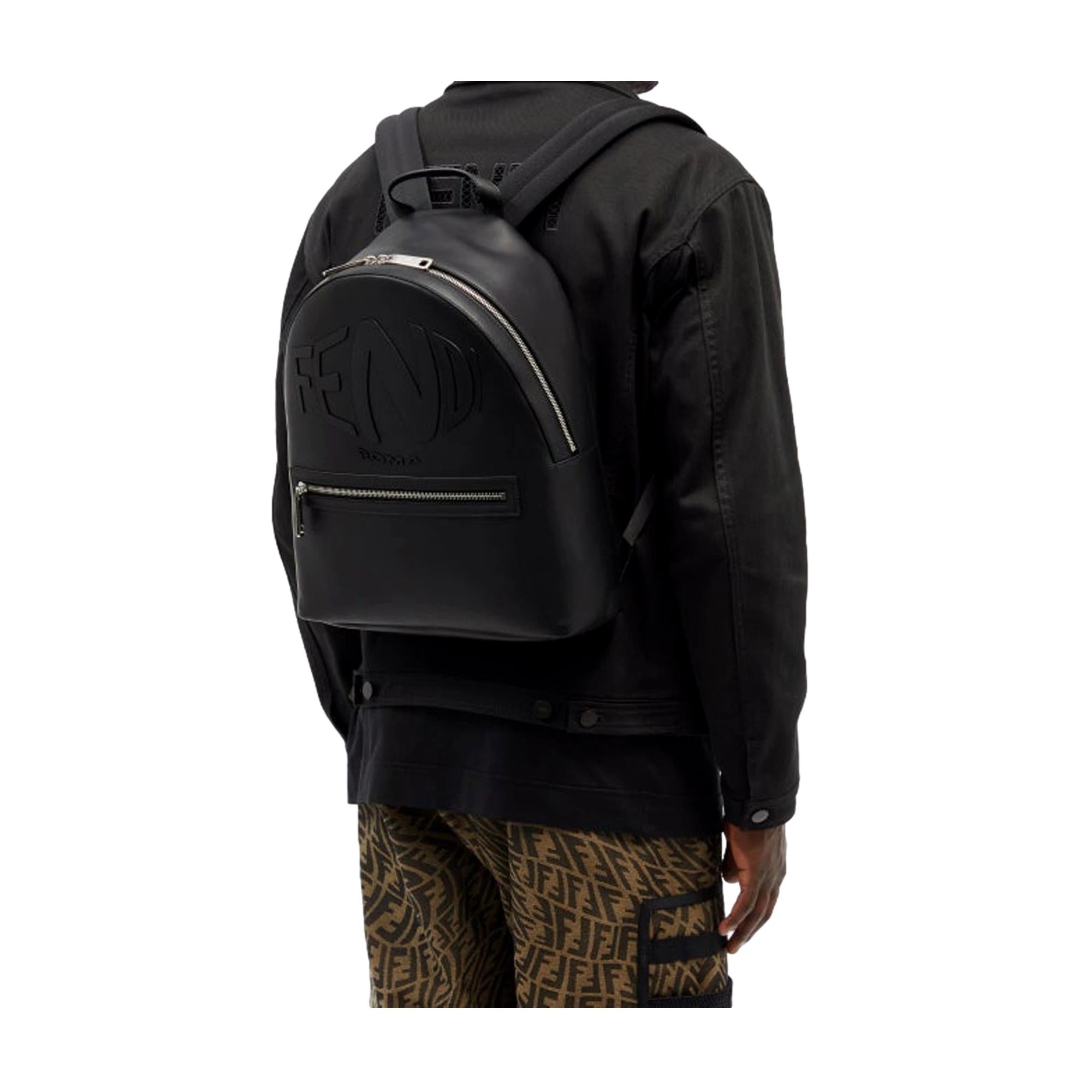 Fendi Roma Warped Logo Black Leather Backpack