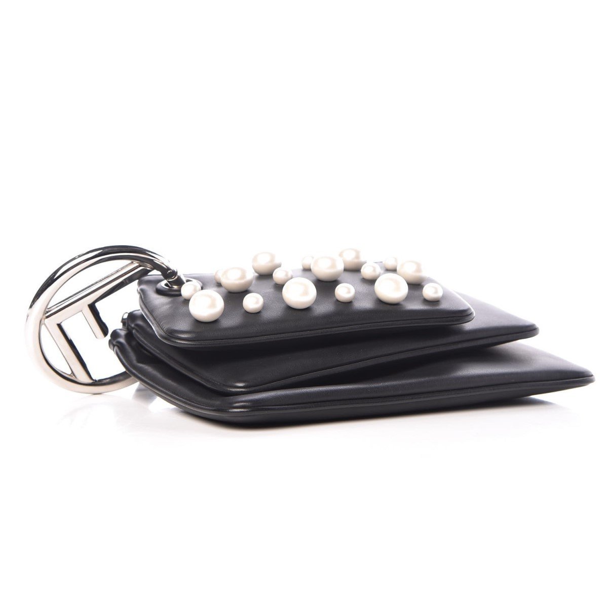 Fendi Black Leather Pearl Studded Triplette Multi Clutch Handbag