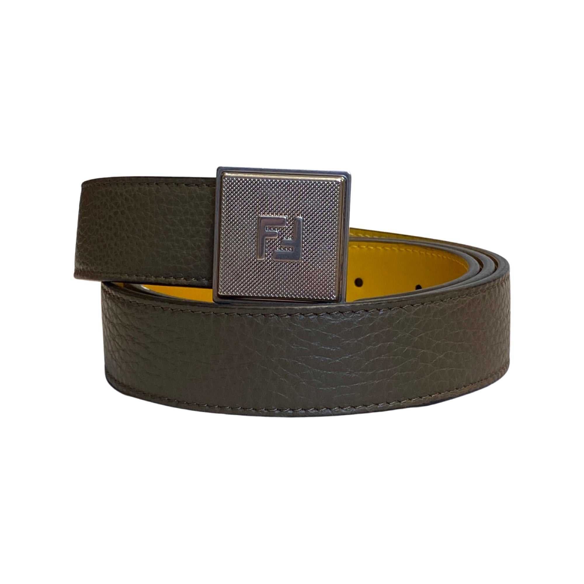 Fendi Yellow Brown Reversible Grained Leather Belt 105