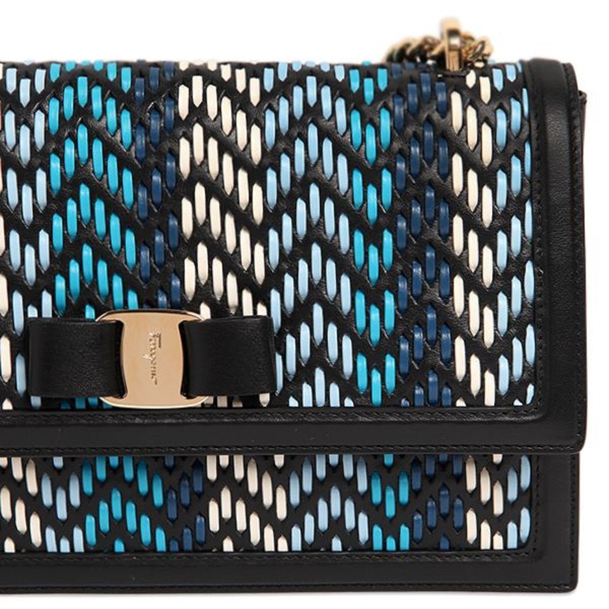 Ferragamo Ginny Multi Blue Plaited Calf Leather Shoulder Handbag