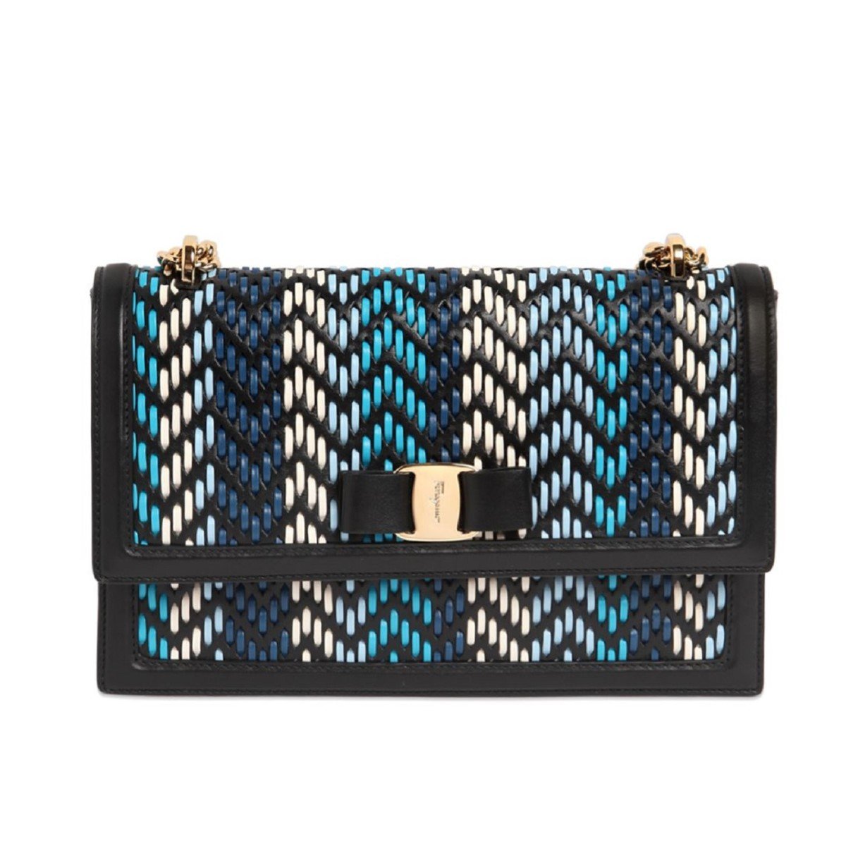 Ferragamo Ginny Multi Blue Plaited Calf Leather Shoulder Handbag