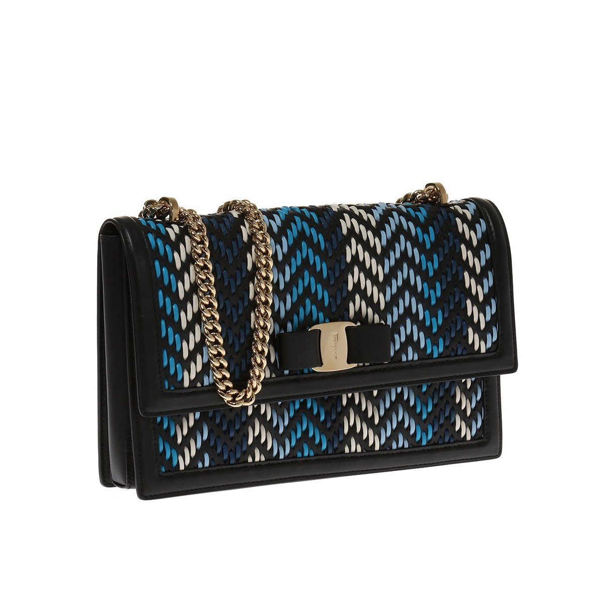 Ferragamo Ginny Multi Blue Plaited Calf Leather Shoulder Handbag